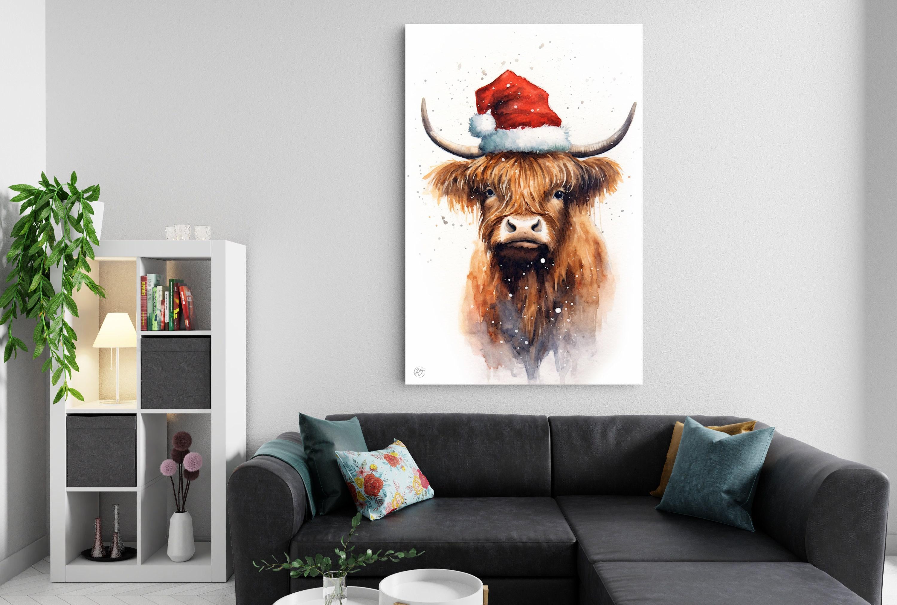 Festive Highland Cow in Santa Hat Watercolor Art, Giclee Print on Canvas, Artist Paper, Watercolor Paper, Available in Extra Large Sizes