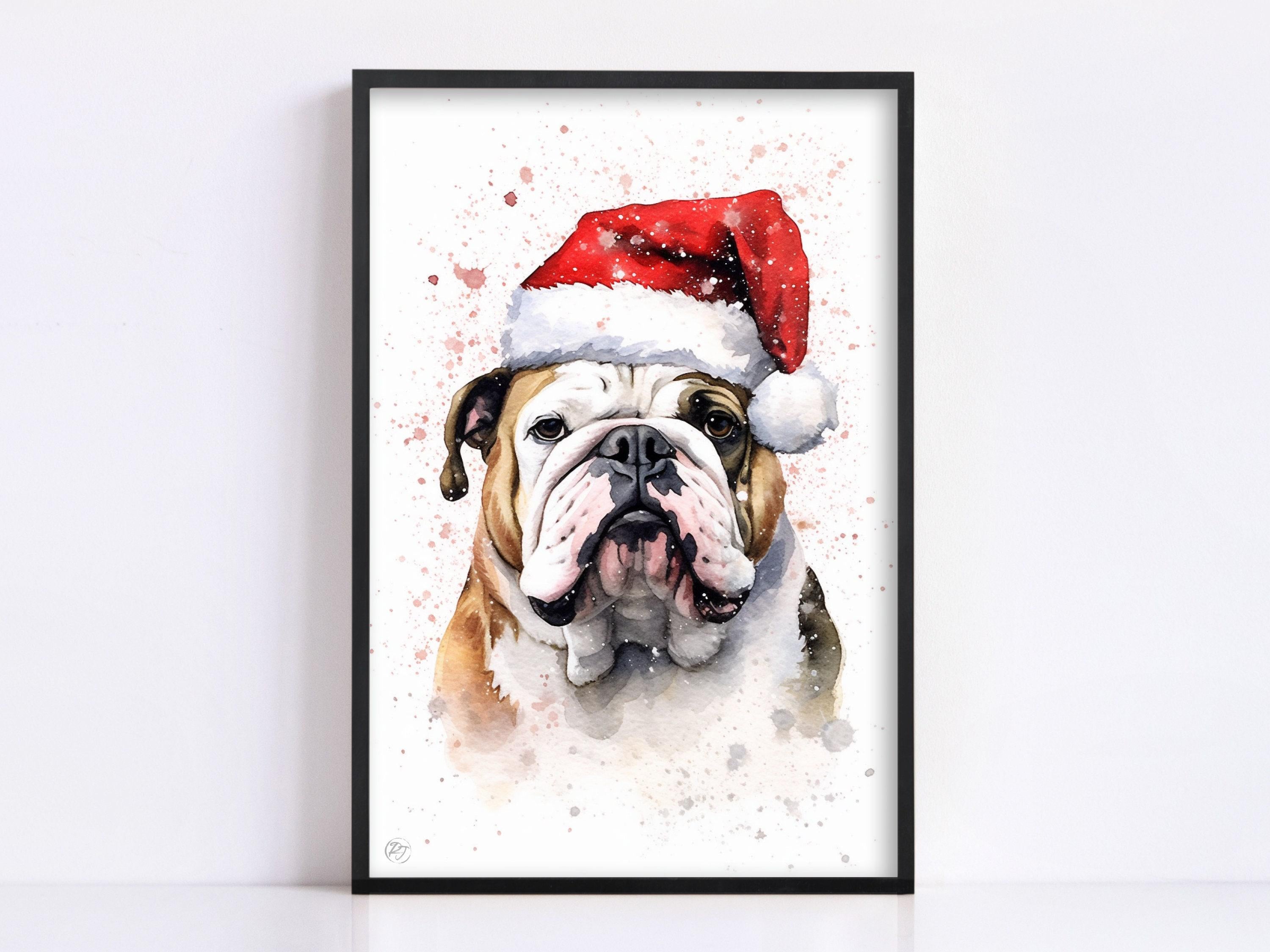 Christmas Bulldog - English Bulldog with Santa Hat, Giclee Print on Canvas, Artist Paper, Watercolor Paper, Available in Extra Large Sizes