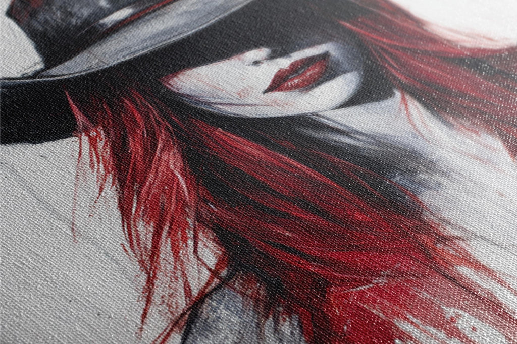a painting of a woman with red hair wearing a hat