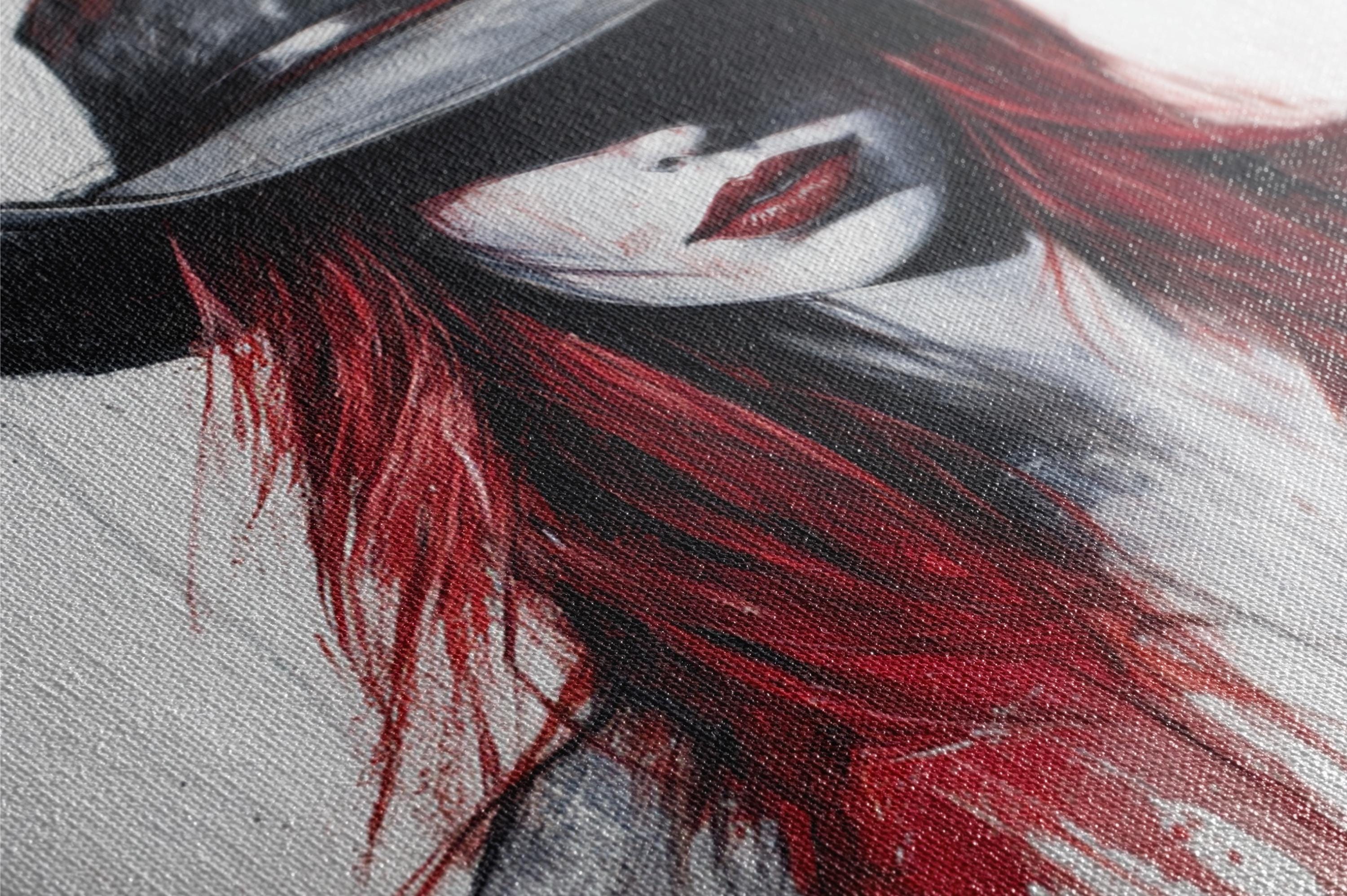 a painting of a woman with red hair wearing a hat