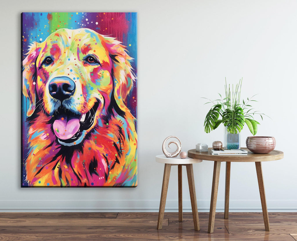 Golden Retriever Canvas - Large Colorful Dog Wall Art Print With Wood Frame