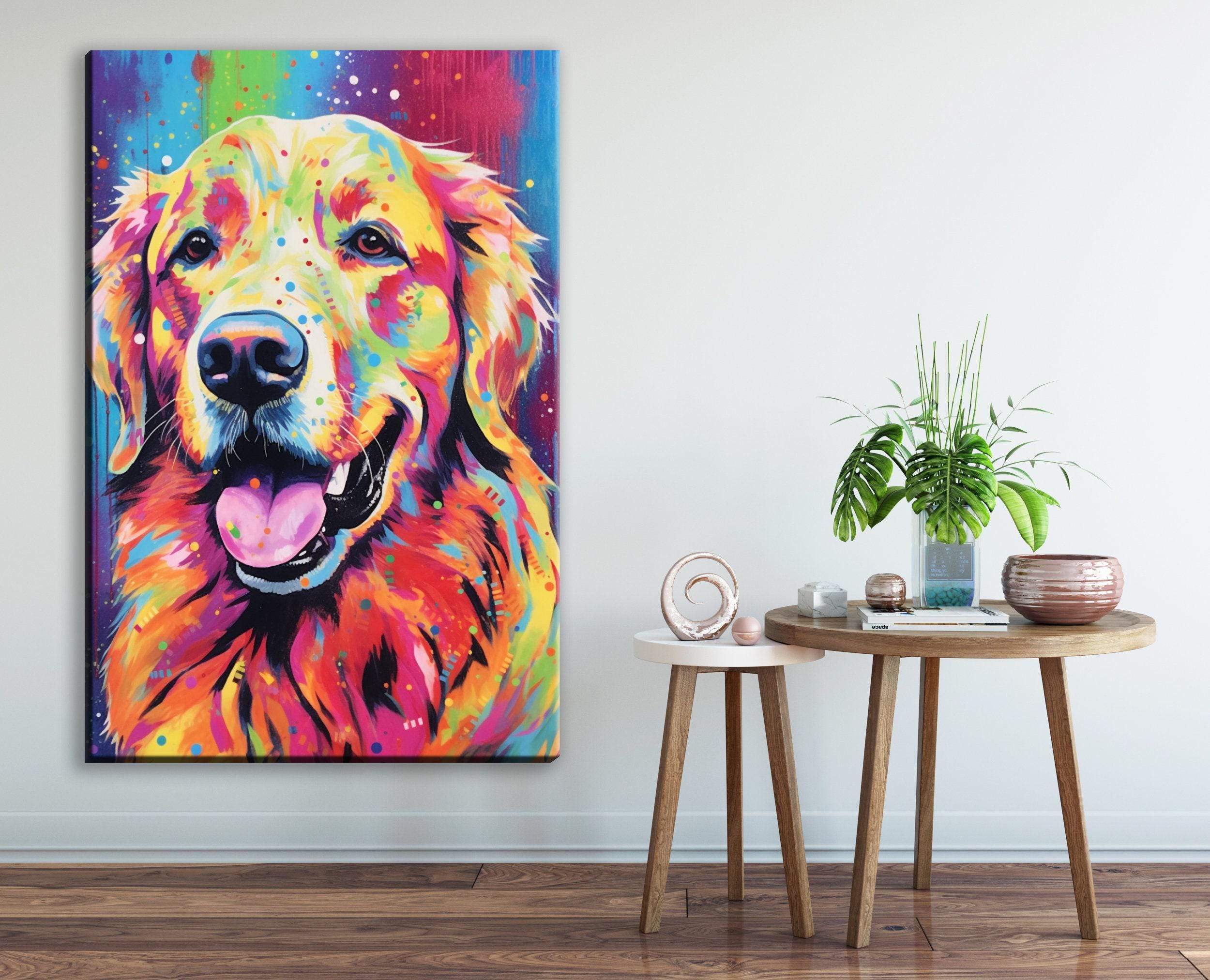 Golden Retriever Canvas - Large Colorful Dog Wall Art Print With Wood Frame