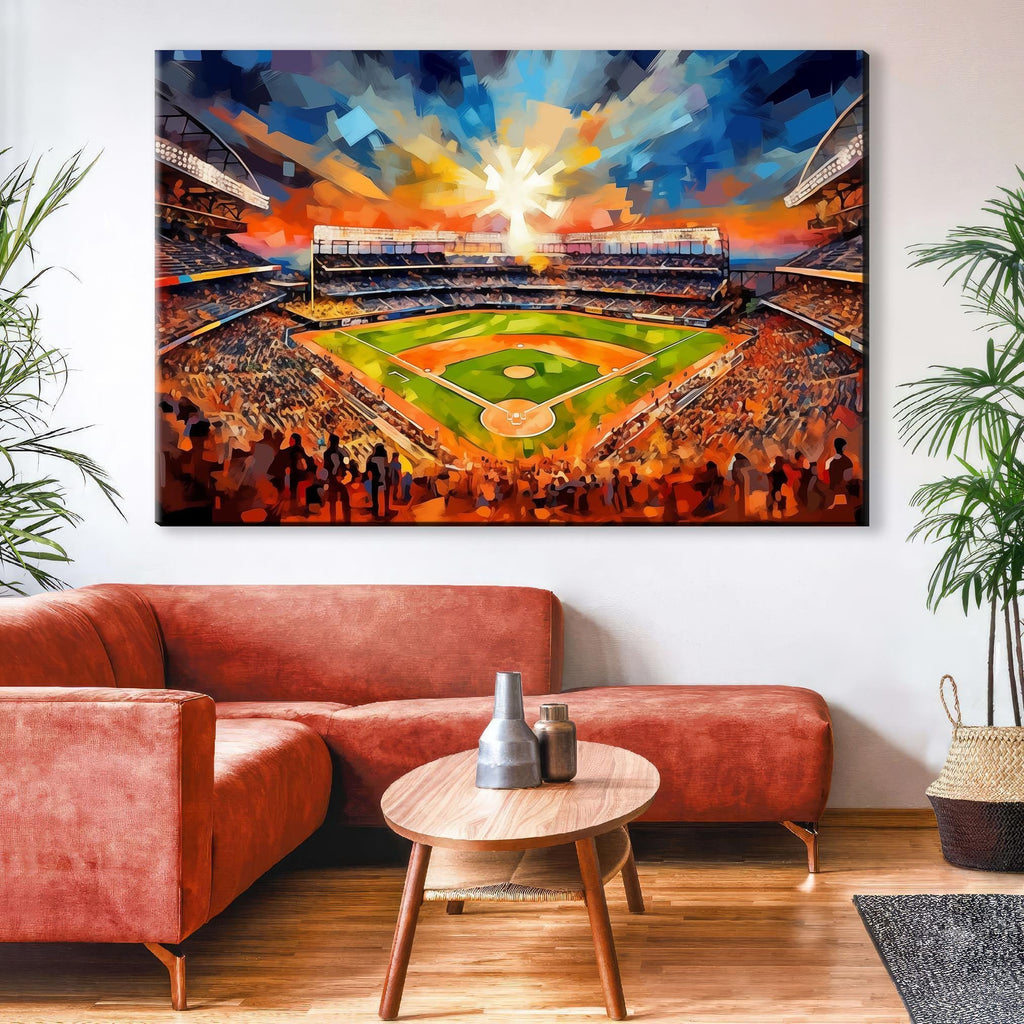a vibrant and colorful painting of a baseball stadium, with a large crowd of spectators filling the stands. The painting is hung on a wall above a red sofa and a wooden coffee table, creating a cozy and inviting atmosphere in the living room.