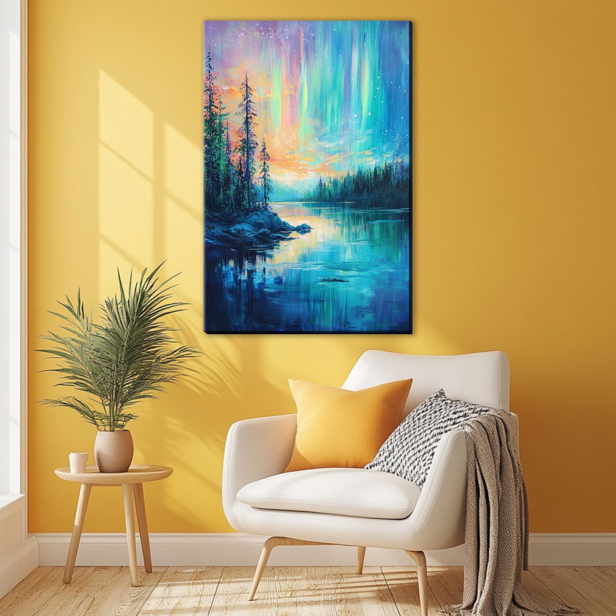 a living room with yellow walls and a painting on the wall