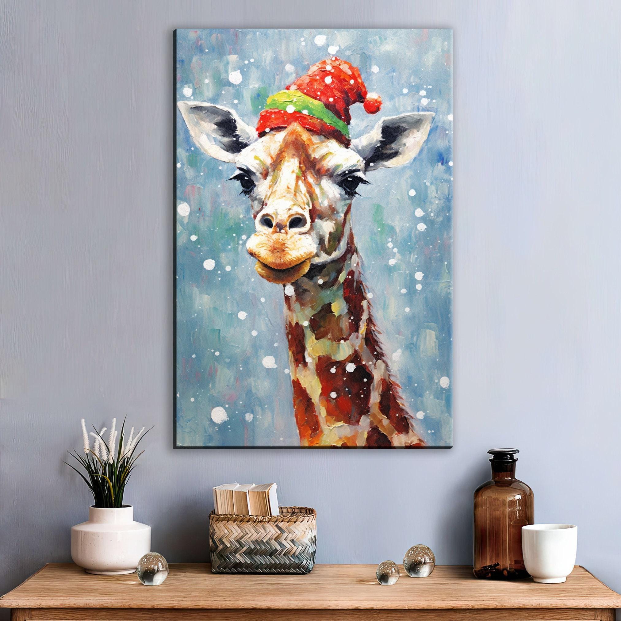 Giraffe In Santa Hat - Whimsical Christmas Canvas Art | Extra Large Gallery Wrapped Print