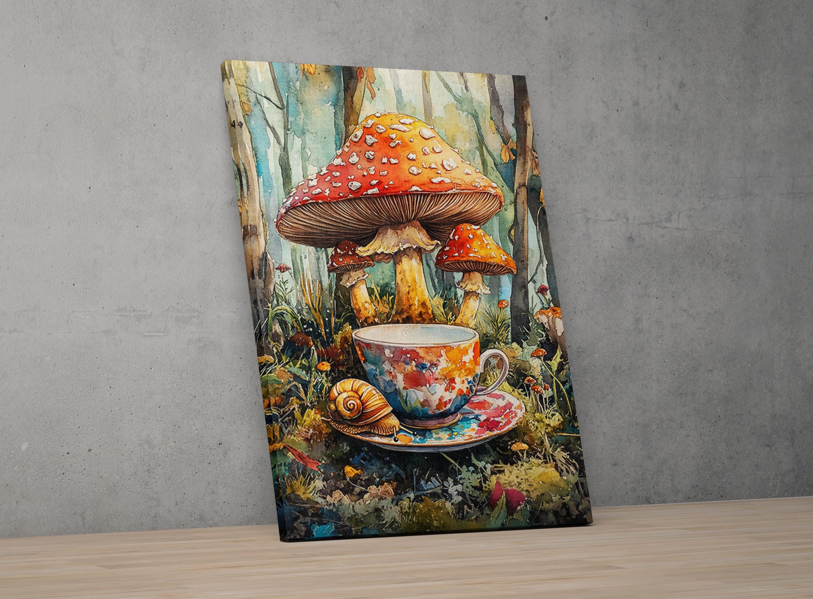 A vibrant painting depicting a whimsical scene with a large mushroom, a colorful teacup, and a snail, all set against a lush forest backdrop.
