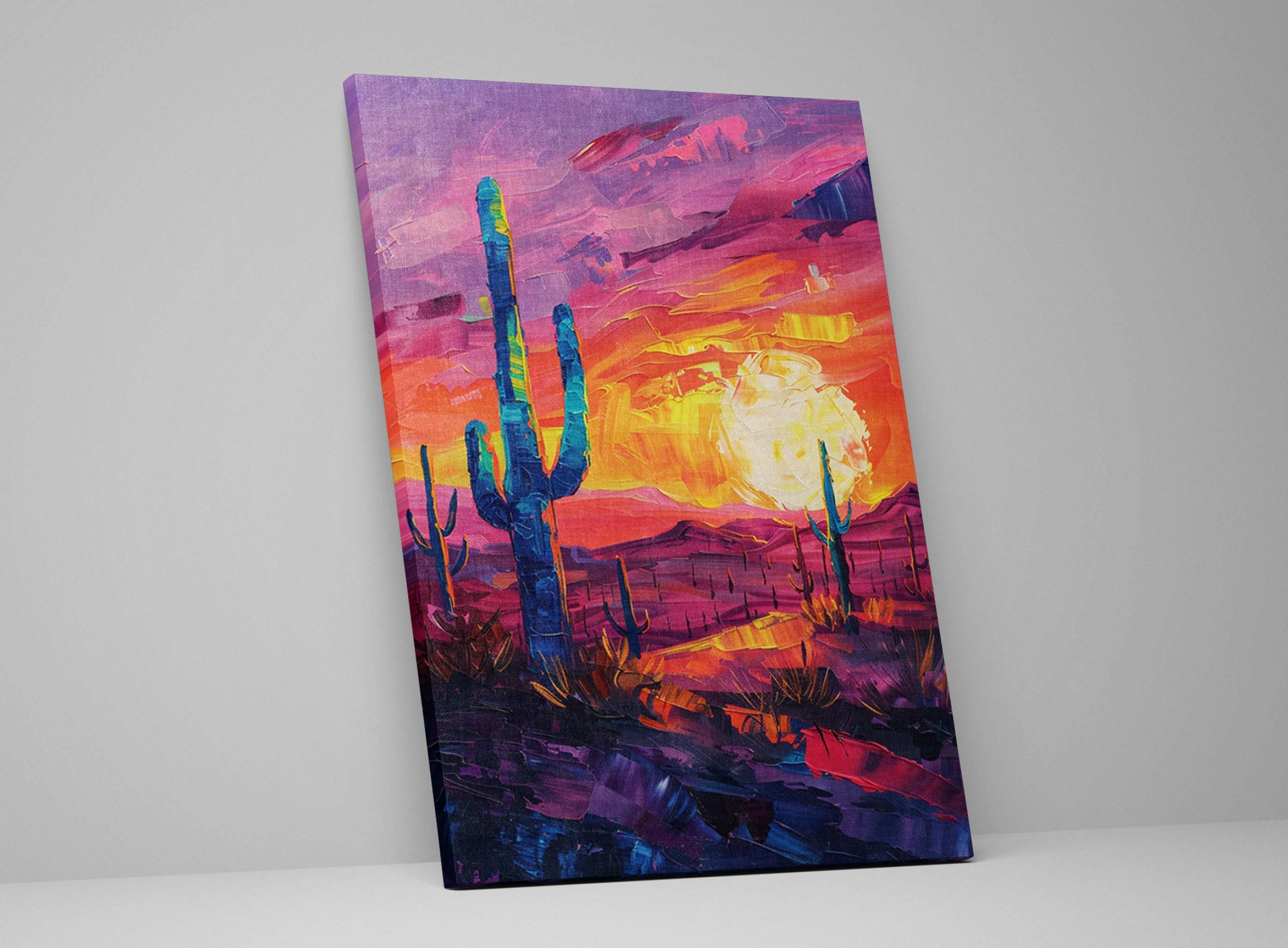 Desert Saguaro Canvas – Southwest Wall Art | Gallery Wrapped Sunset Cactus Silhouette Print