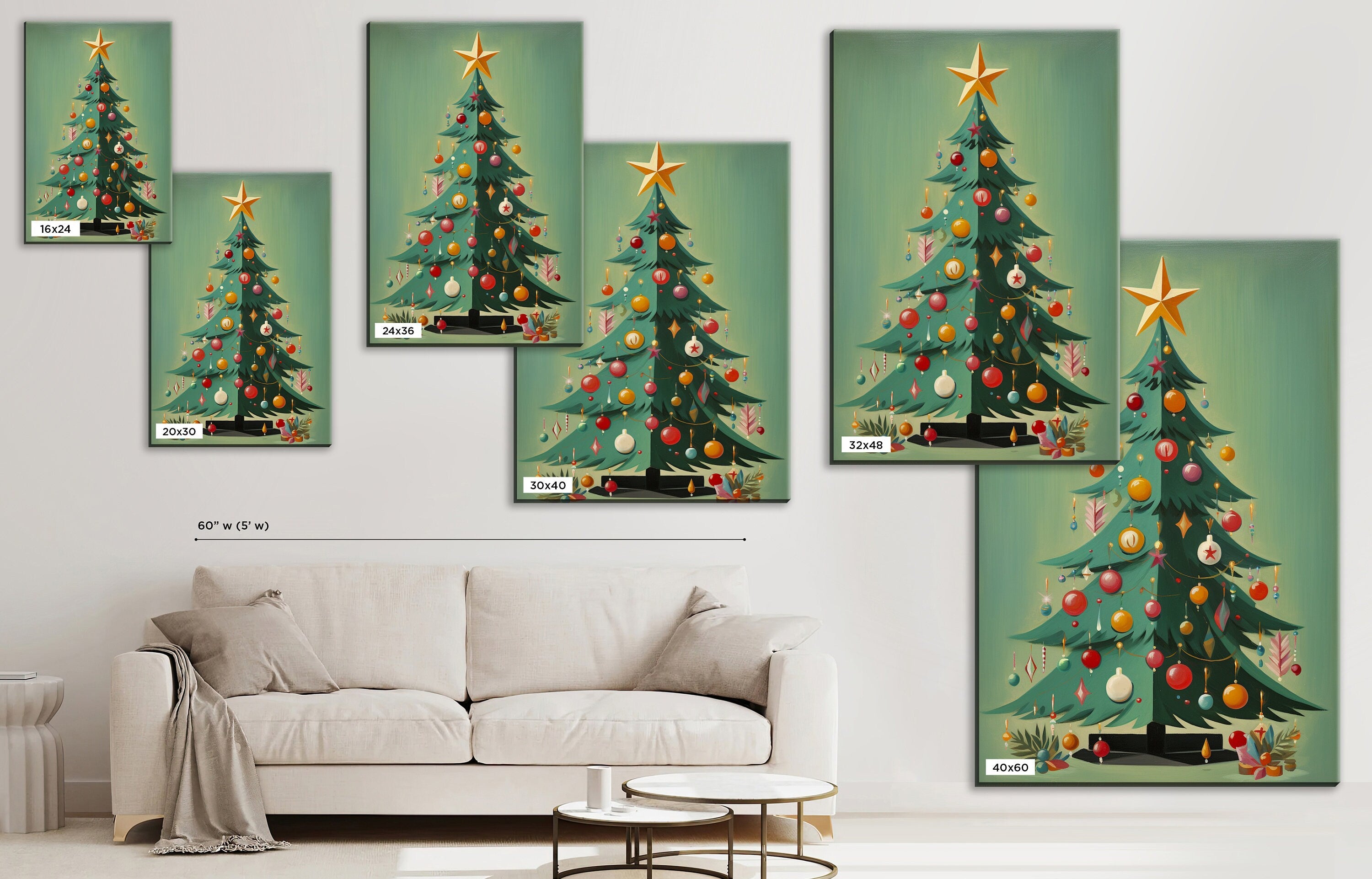 Mid-Century Modern Art - Christmas Tree Art Print on Gallery Wrapped Canvas, Extra Large
