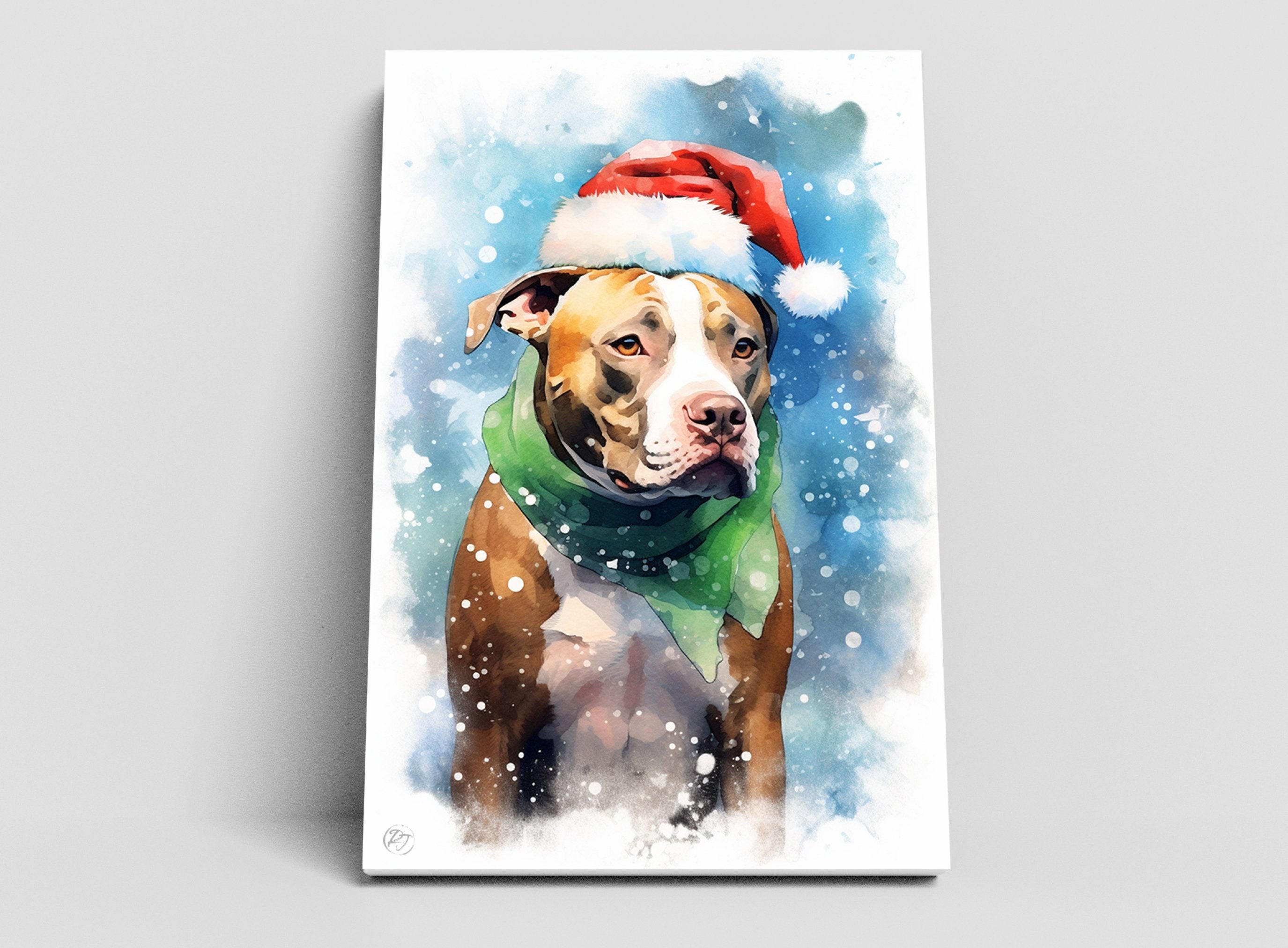 Festive Pitbull in Santa Hat Watercolor Art Print, Giclee Print on Canvas, Artist Paper, Watercolor Paper, Available in Extra Large Sizes