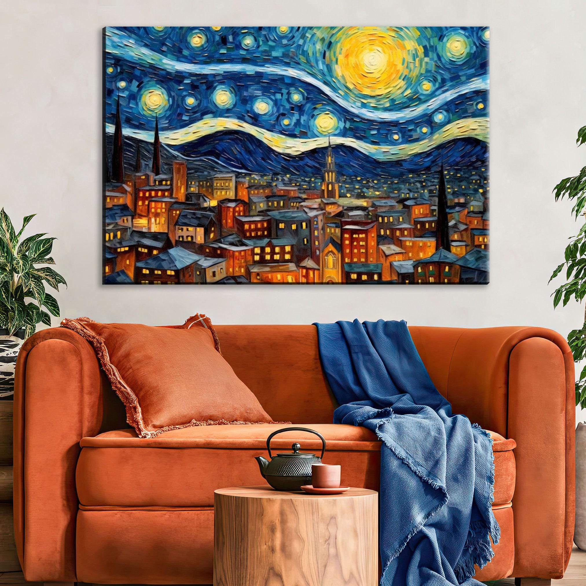 Starry Night Wall Art – Large Canvas Art | Van Gogh Inspired Print, Vibrant Night Sky Painting