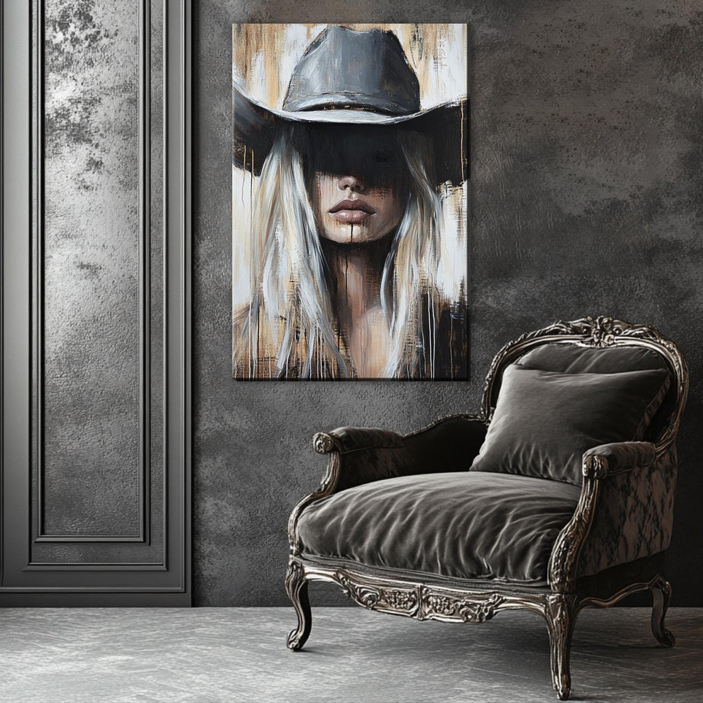 a painting of a woman wearing a cowboy hat