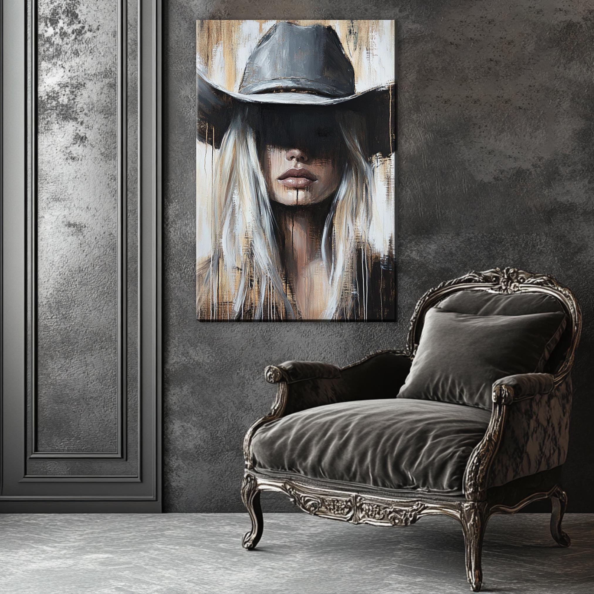 a painting of a woman wearing a cowboy hat
