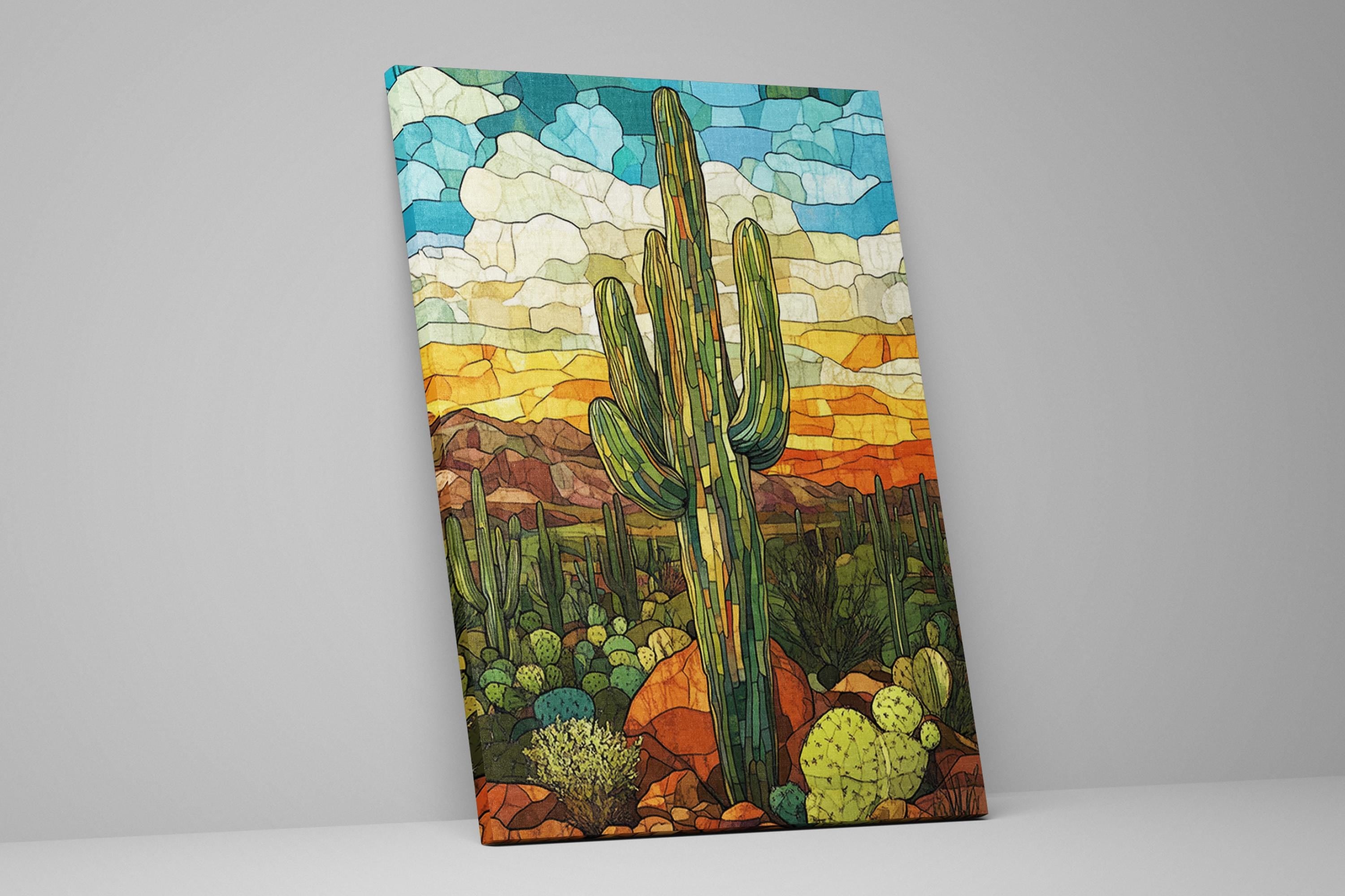 a painting of a cactus in the desert