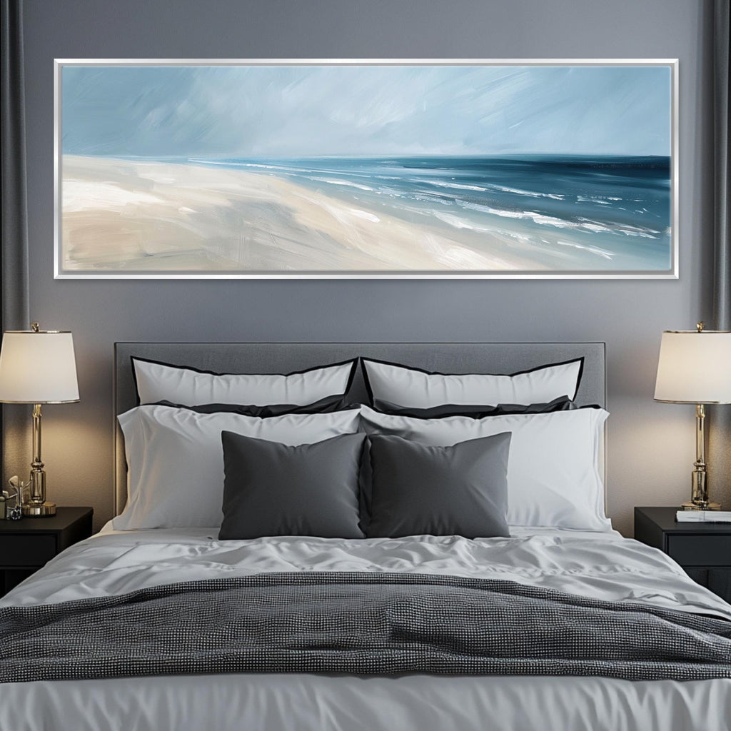a bedroom with a large painting on the wall above the bed