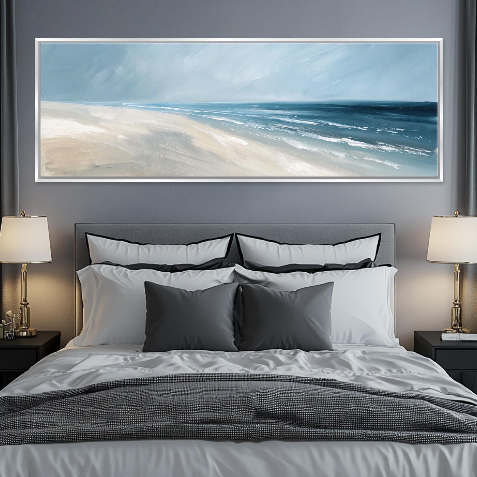 a bedroom with a large painting on the wall above the bed