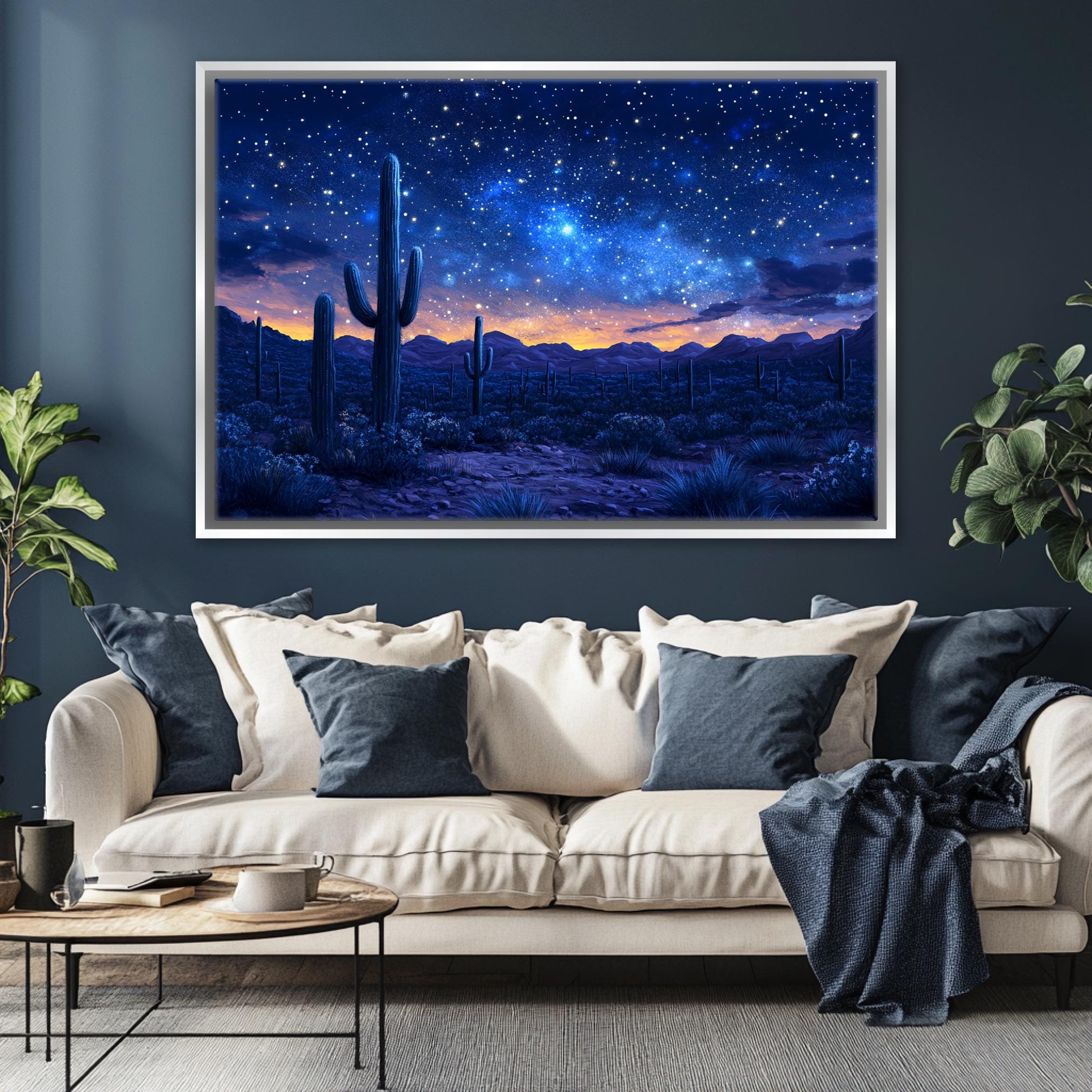 a living room with a couch and a painting on the wall