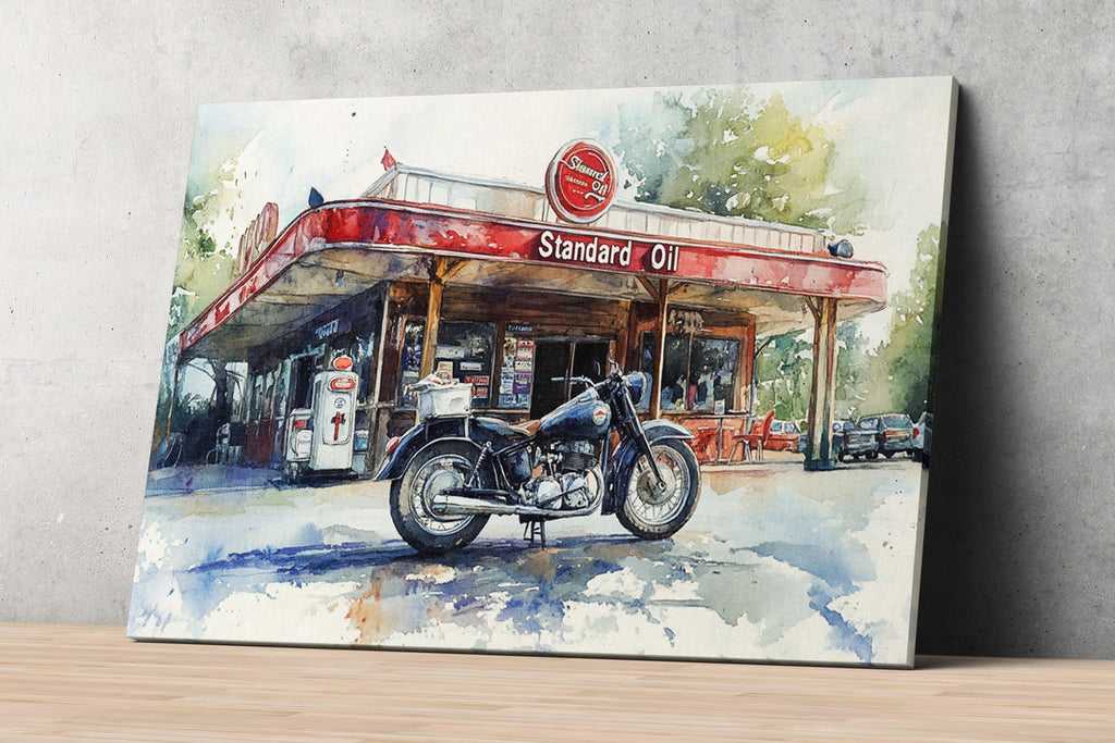 A vintage-style painting depicting a classic motorcycle parked in front of a Standard Oil gas station, with a red and white striped awning and a red and white logo on the building.
