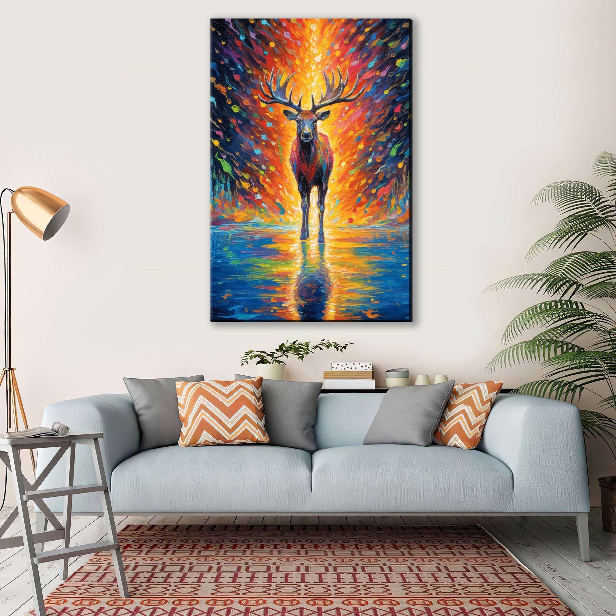 Colorful Reindeer Painting - Large Giclee Canvas Print | Holiday Wall Art