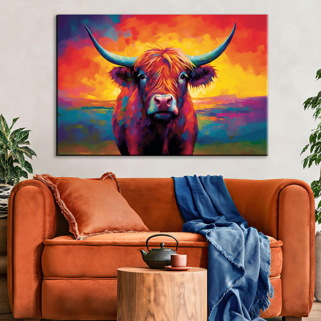 Highland Cow Art – Colorful Animal Canvas | Rustic Farmhouse Wall Decor, Extra Large Gallery Wrapped Canvas