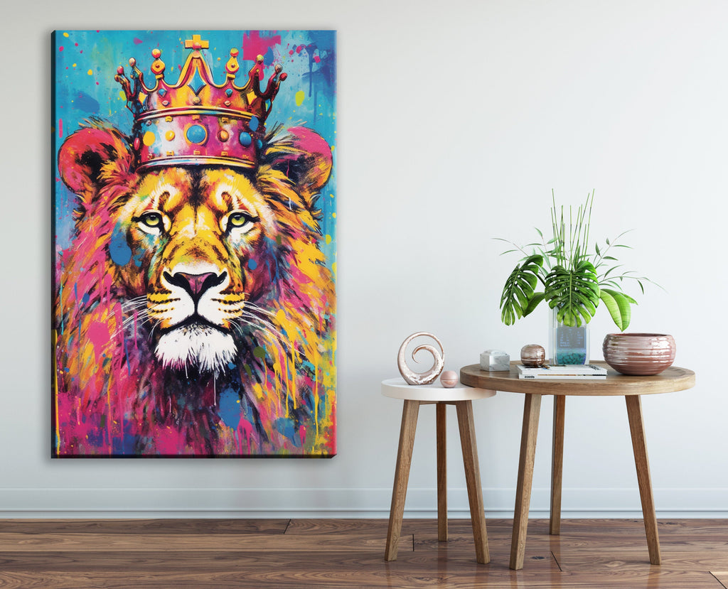 Lion Canvas Print – Large Gallery Wrapped Canvas Wall Art With Crowned Lion Design
