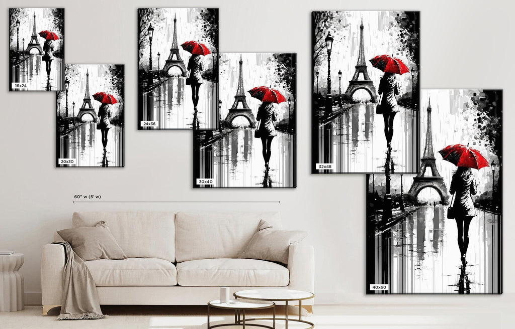 Paris Street Canvas – Woman with Red Umbrella | Black and White Art with Touch of Red