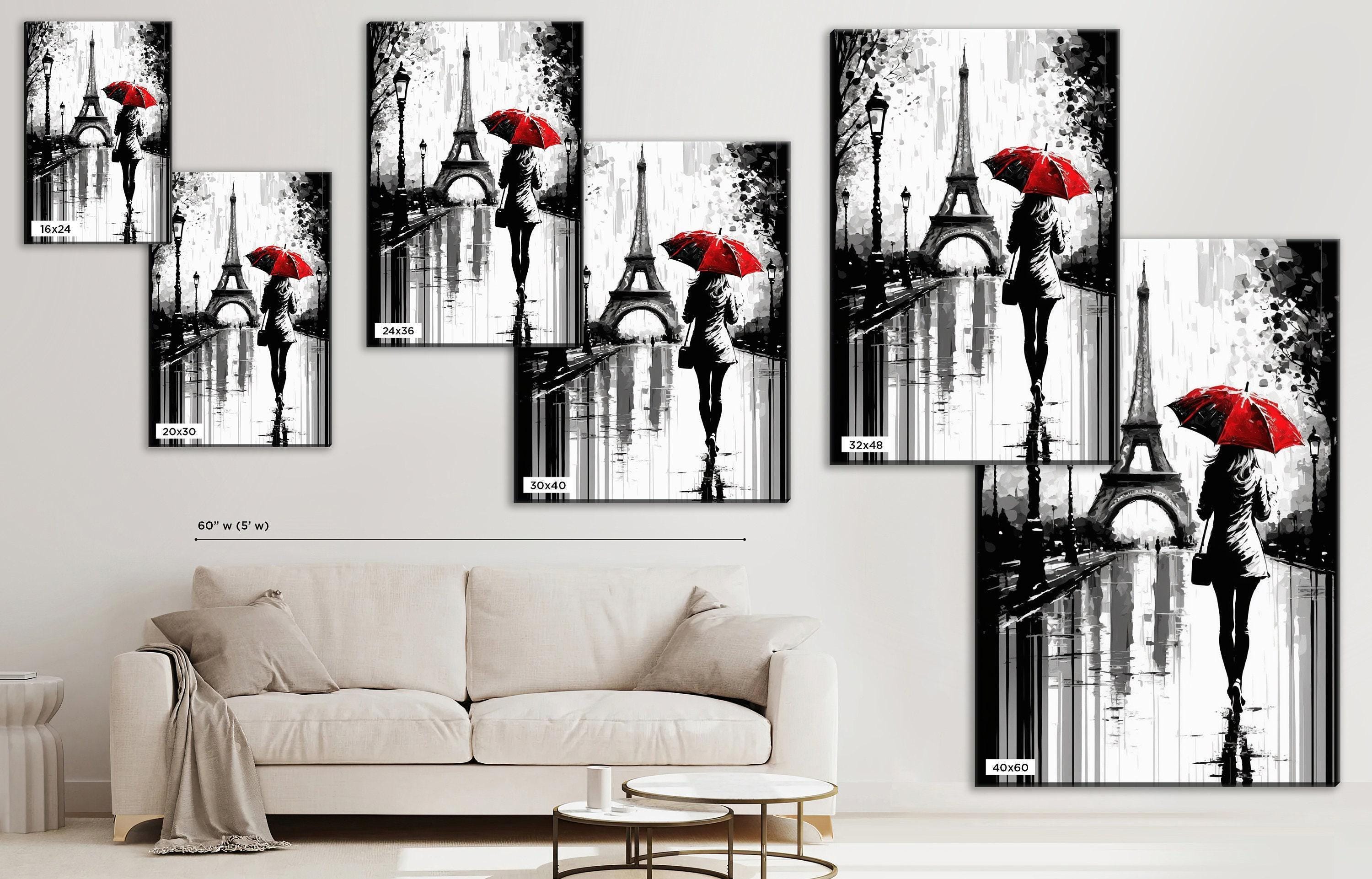 Paris Street Canvas – Woman with Red Umbrella | Black and White Art with Touch of Red