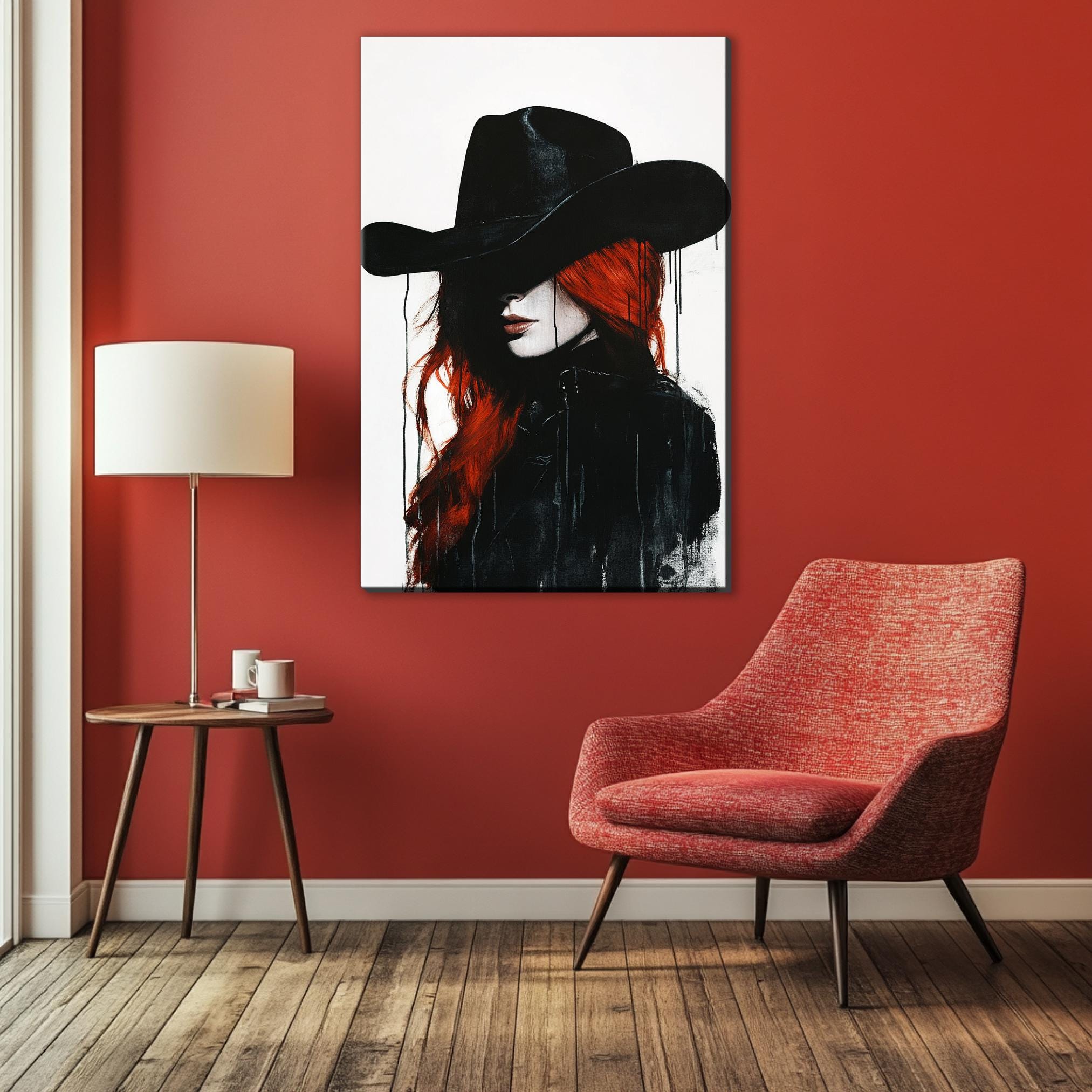 a painting of a woman with red hair wearing a cowboy hat
