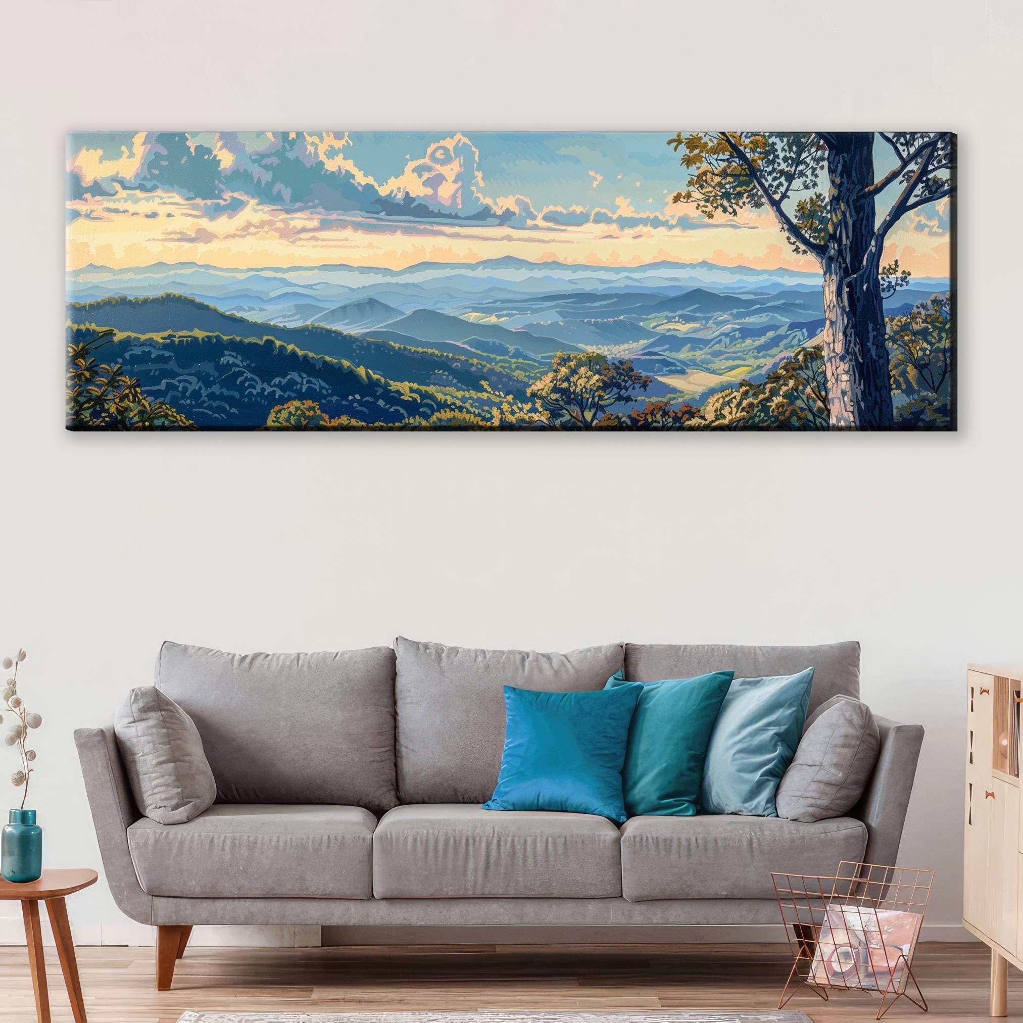 a living room with a couch and a painting on the wall