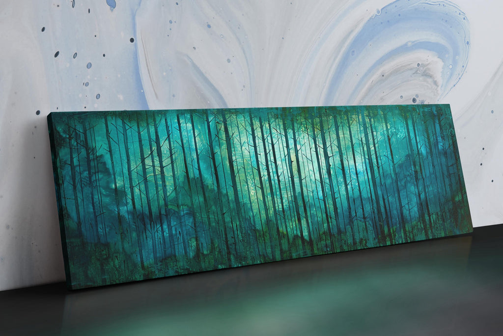 a painting of a green forest with white swirls