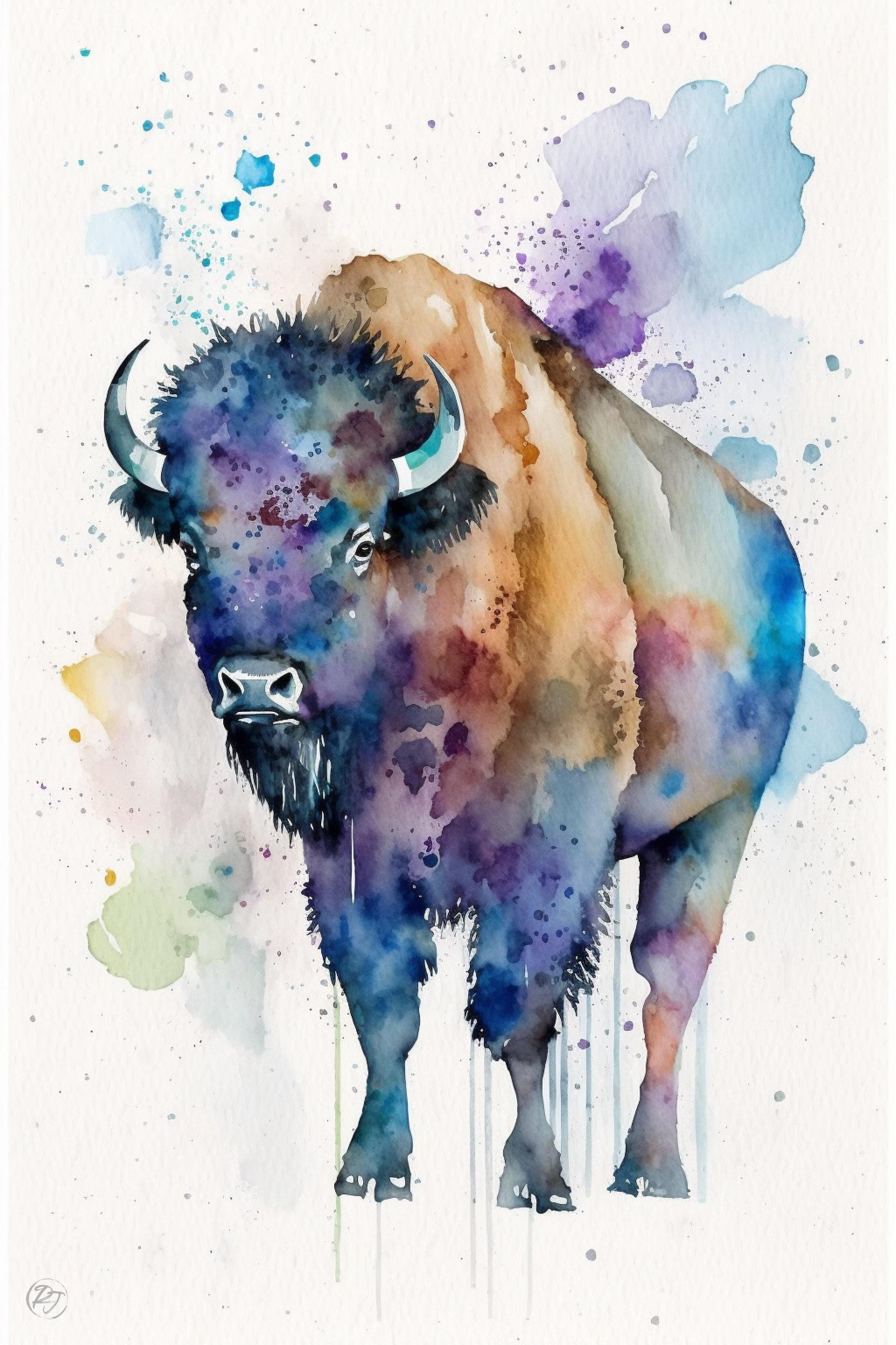 Wildlife Grace: Bison Watercolor Painting, Giclee Print on Canvas, Artist Paper, Watercolor Paper, Available in Extra Large Sizes