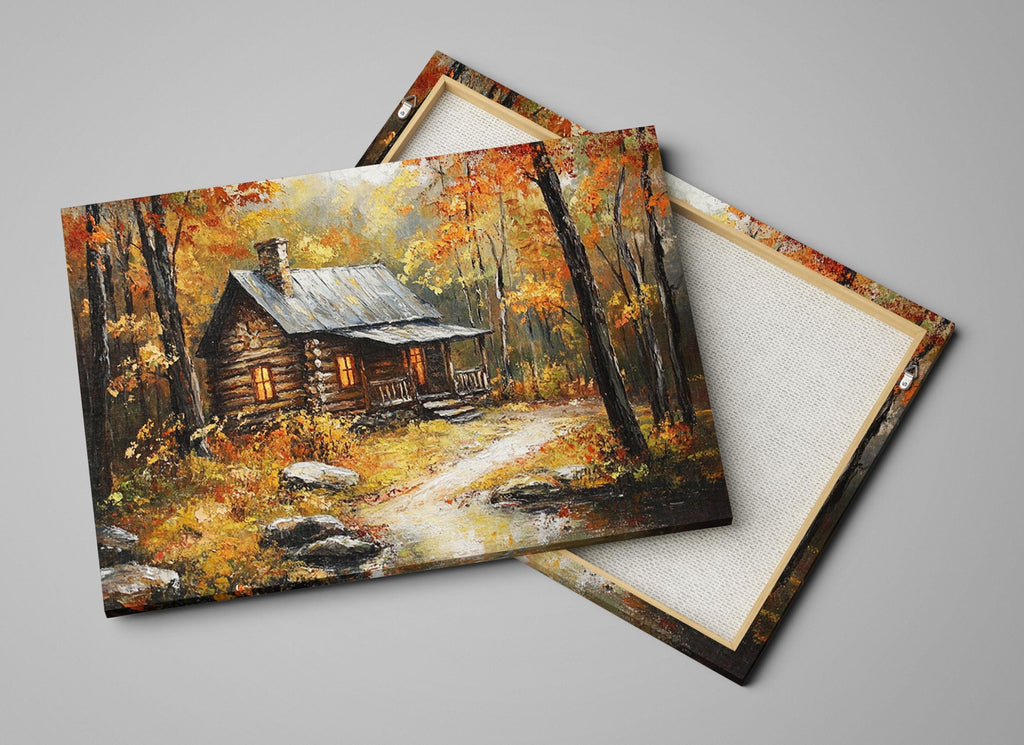 a rustic log cabin nestled in a forest, surrounded by vibrant autumn foliage.