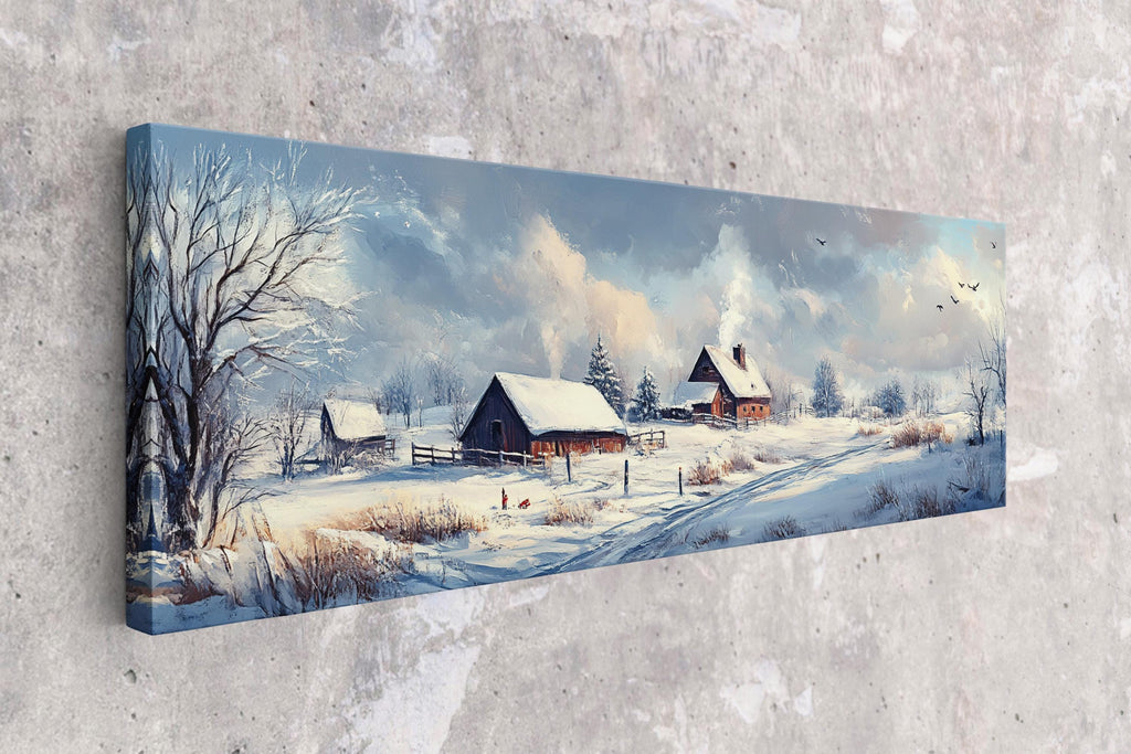 a painting of a winter scene with a barn and trees