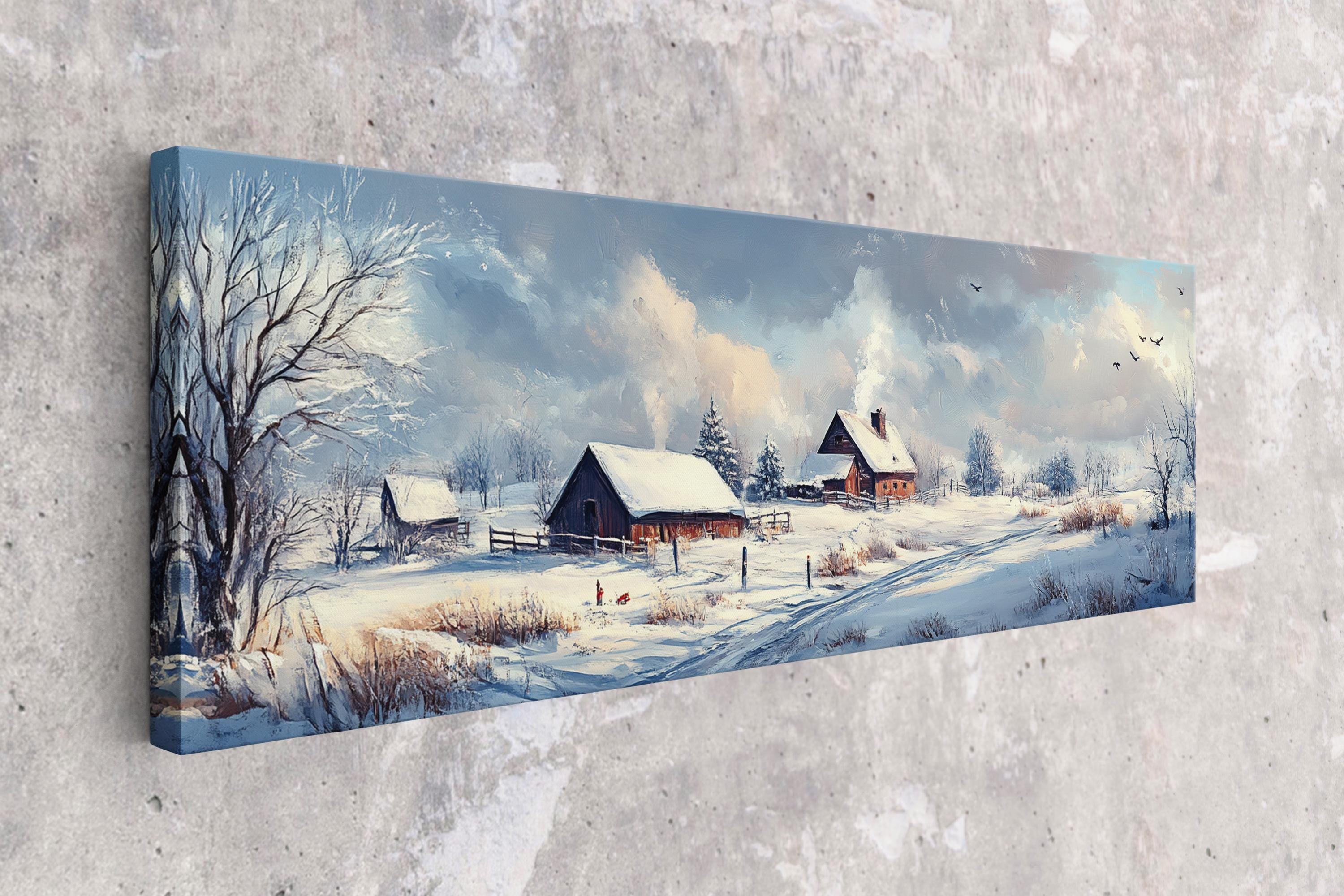 a painting of a winter scene with a barn and trees