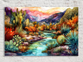 A vibrant and colorful painting depicting a desert landscape with a winding river, cacti, and mountains in the background.