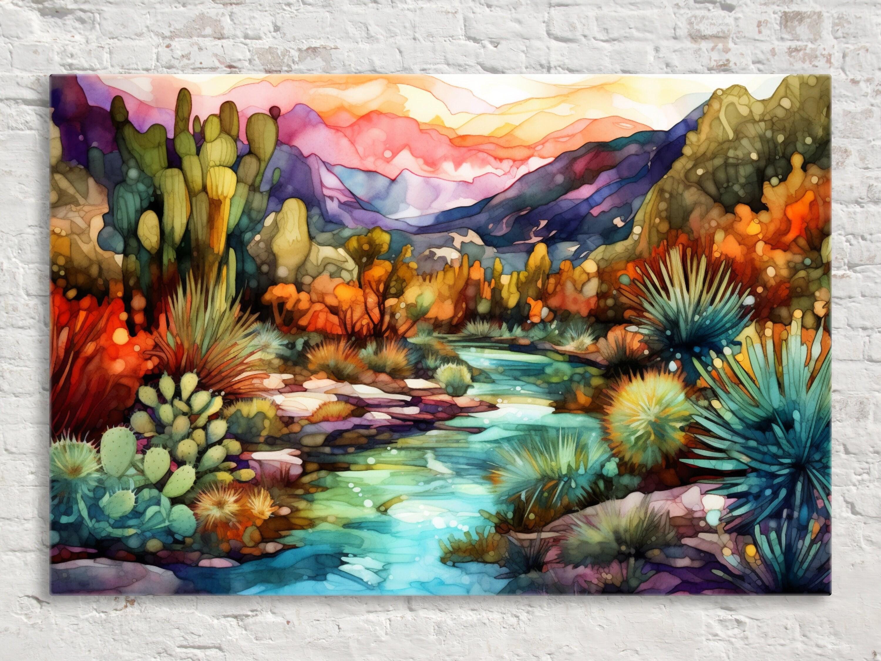 A vibrant and colorful painting depicting a desert landscape with a winding river, cacti, and mountains in the background.