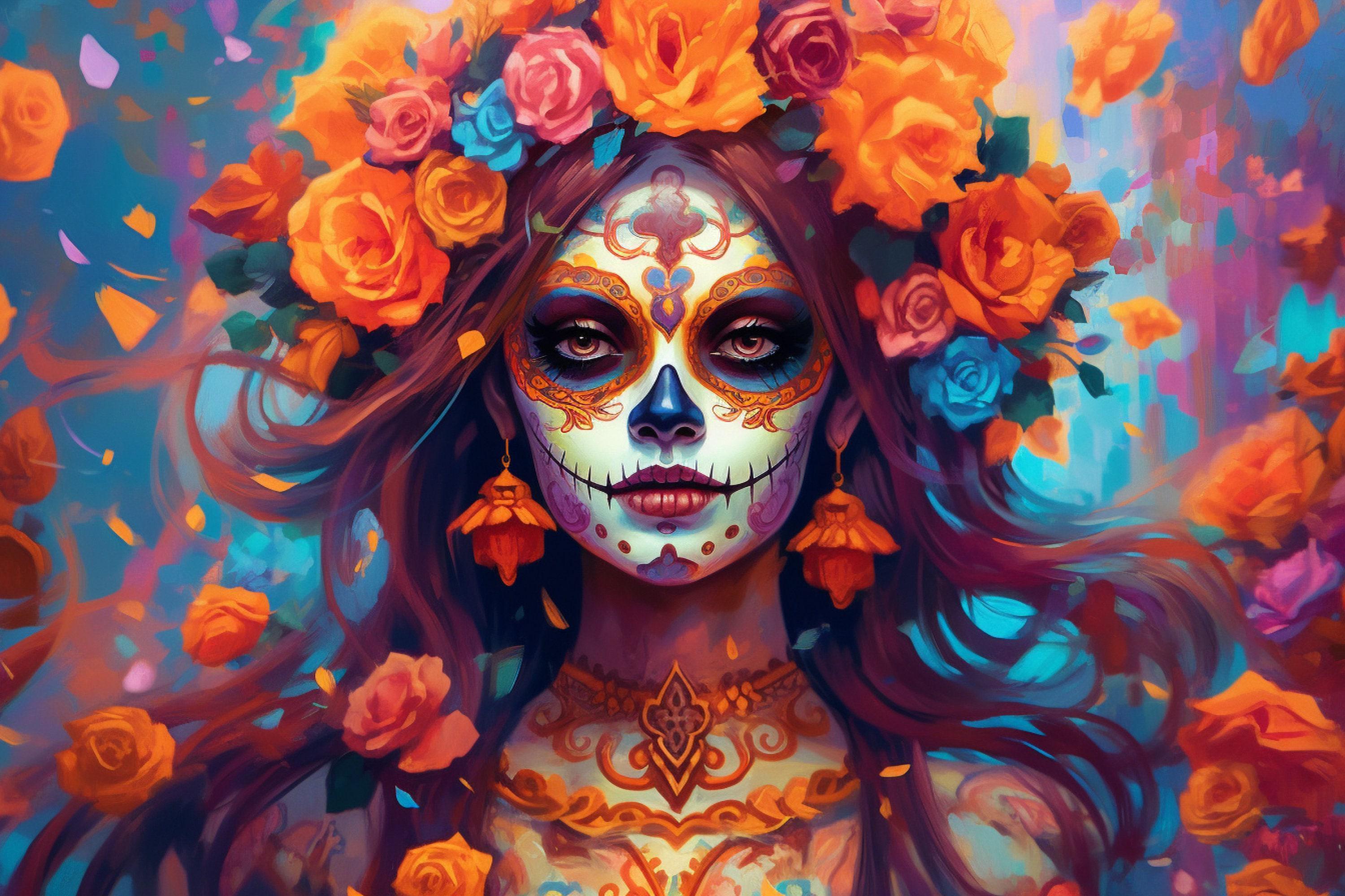The image is a vibrant and colorful depiction of a woman with intricate floral headpiece and makeup, surrounded by a riot of orange and pink flowers.