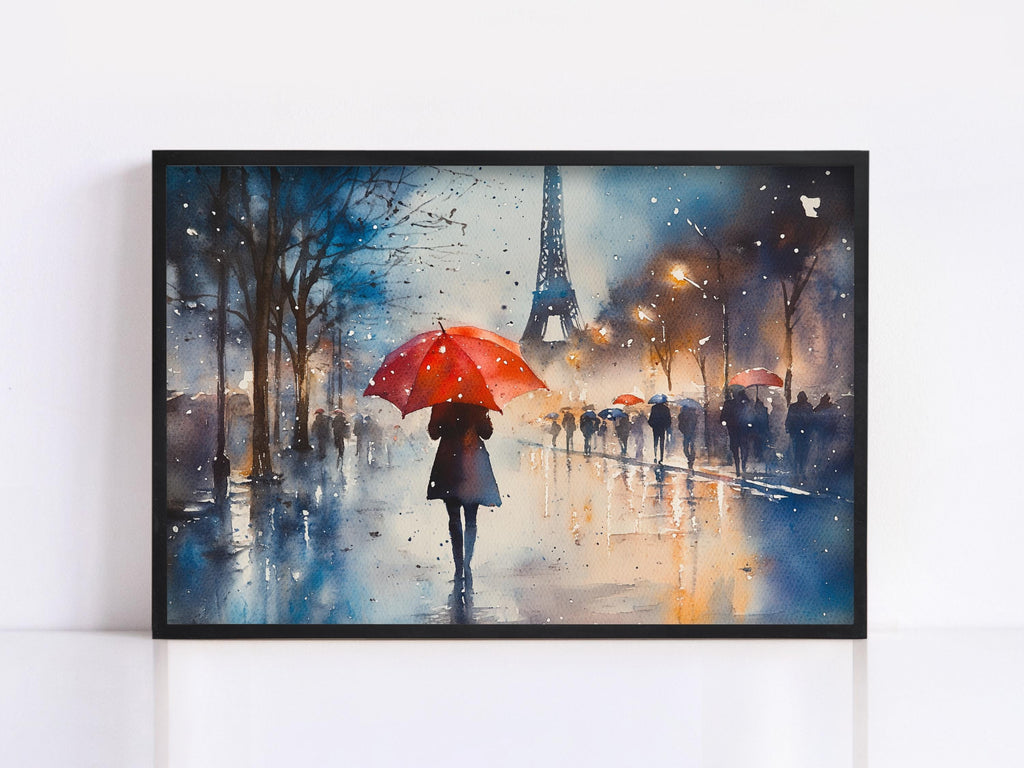 A watercolor painting depicting a rainy day scene with a person walking down a street holding a red umbrella, with the Eiffel Tower visible in the background.
