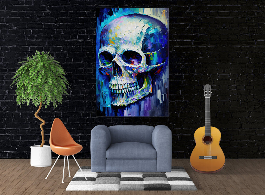 Skull Canvas Art – Blue Skull Painting | Thick Paint, Gallery Ready Canvas Wall Art