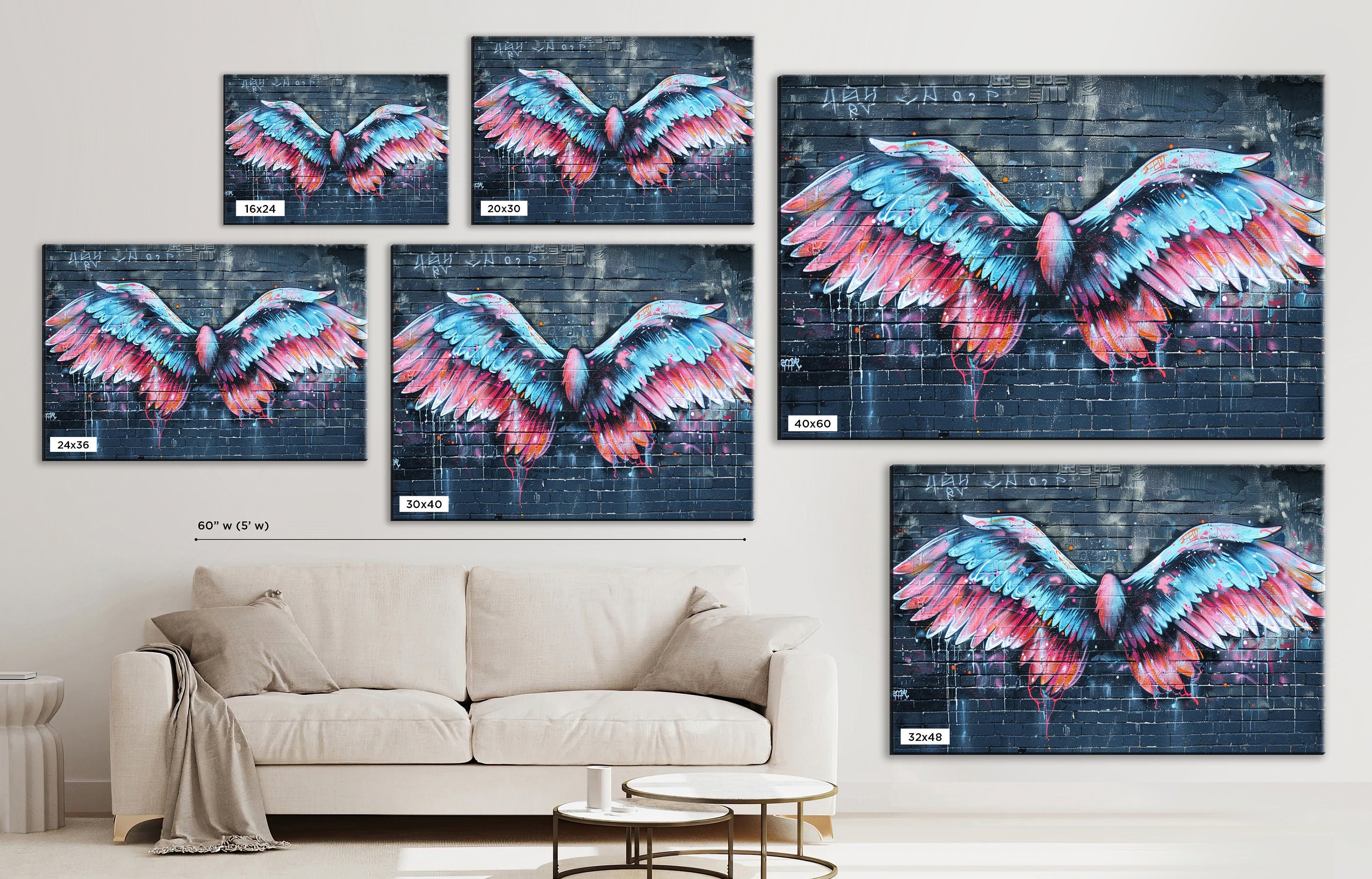 Graffiti Angel Wings Art – Vibrant Urban Street Canvas Wall Art, Ready to Hang