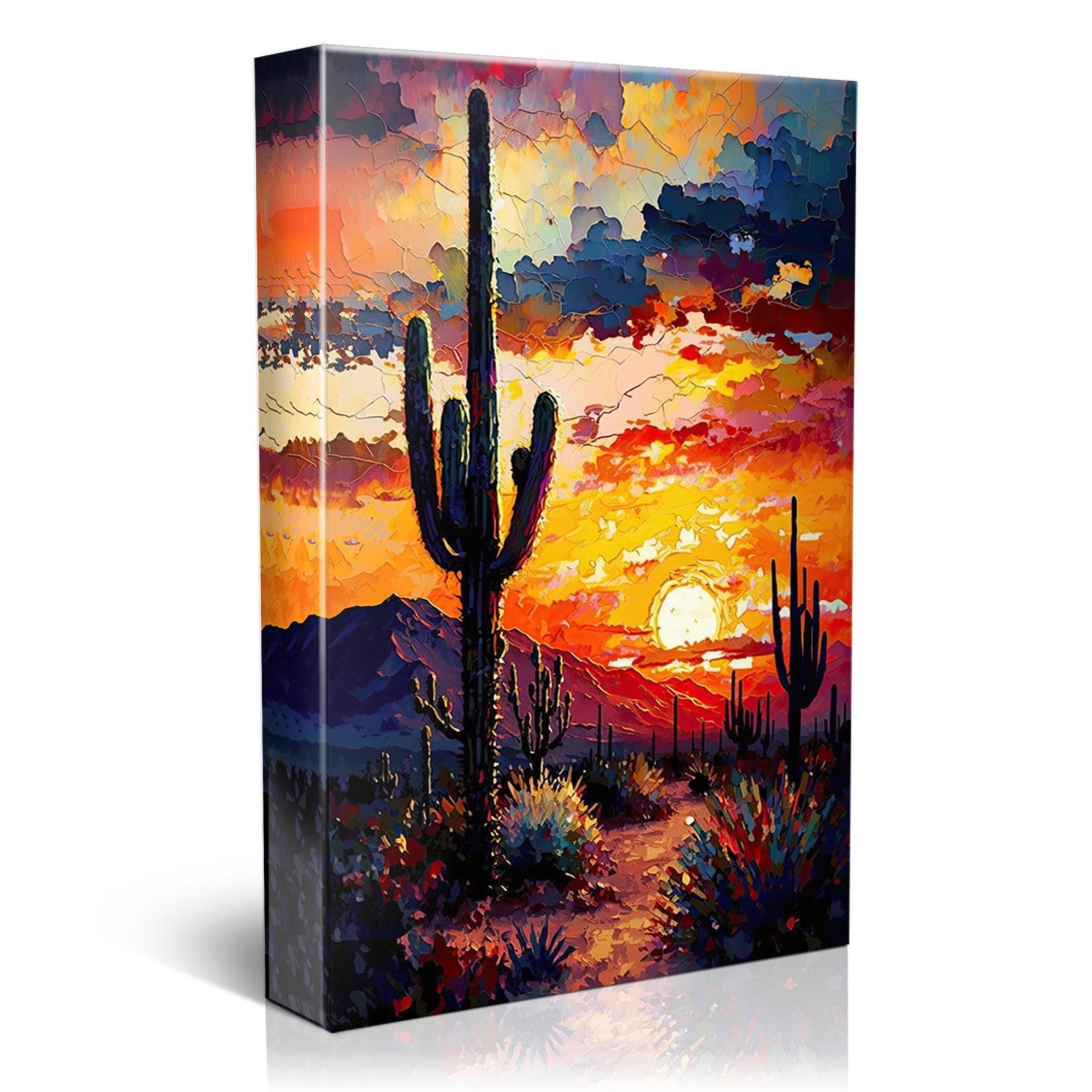 a desert landscape at sunset, with a cactus in the foreground and mountains in the background. The sky is filled with vibrant colors, creating a stunning and serene atmosphere.