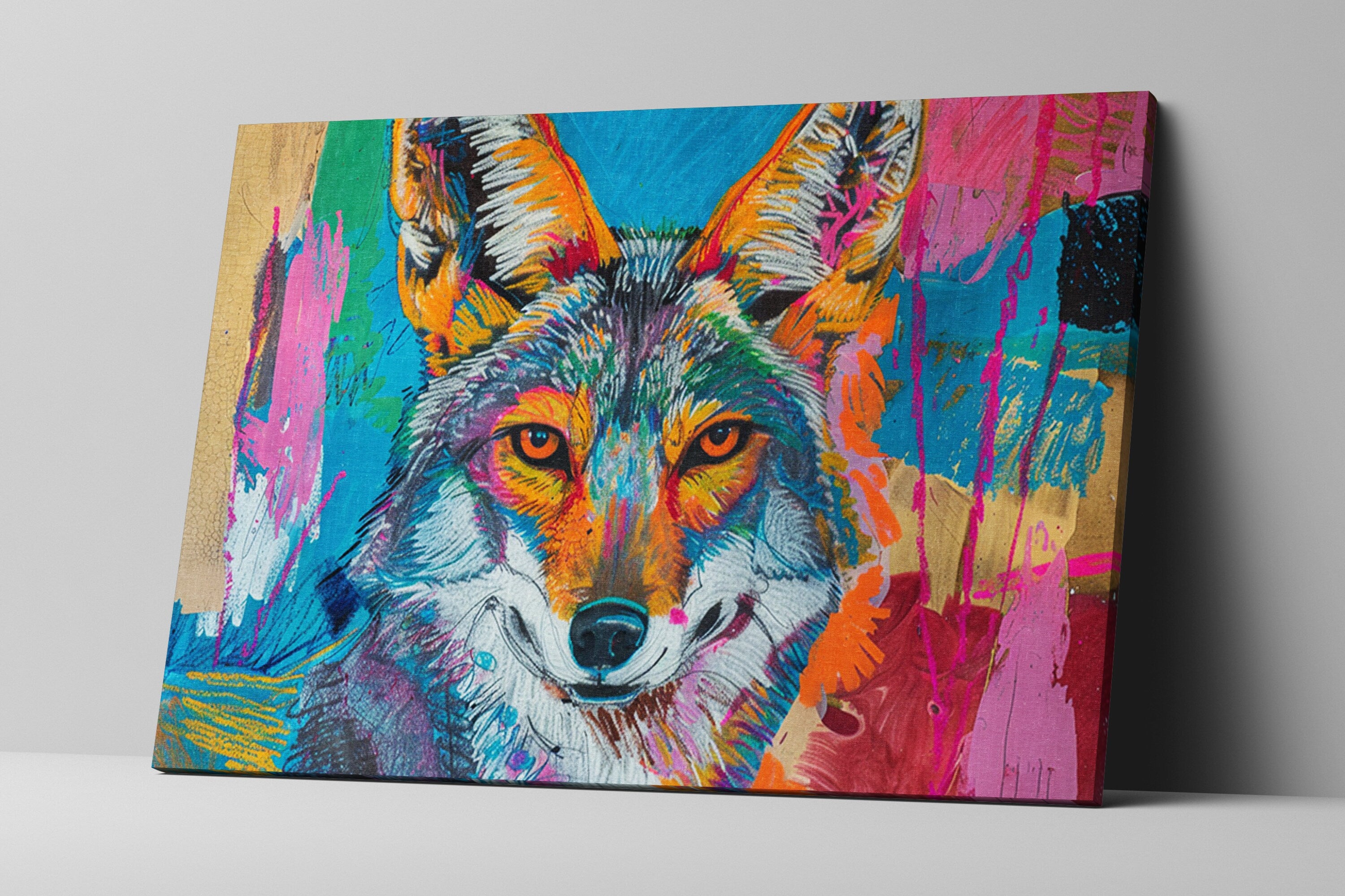 Modern Coyote Canvas – Large Gallery Wrapped Pop Art Style Coyote Print, Ready to Hang