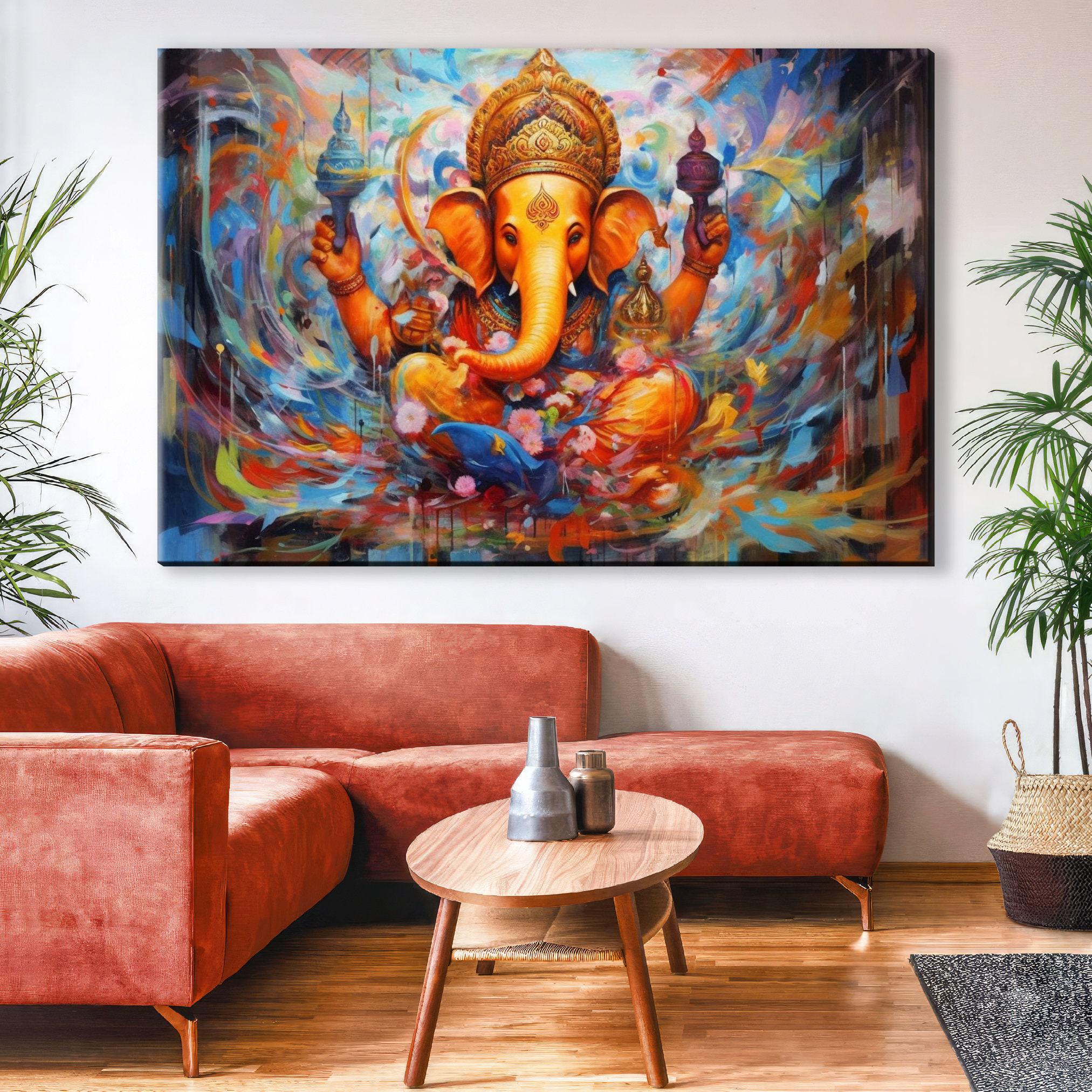 Ganesha Canvas Art – Large Hindu Wall Art With Wooden Frame | Vibrant Spiritual Painting