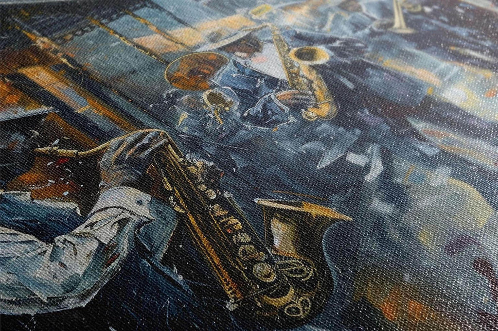 The image is a painting depicting a group of musicians playing various instruments, including saxophones, in a lively and energetic performance.
