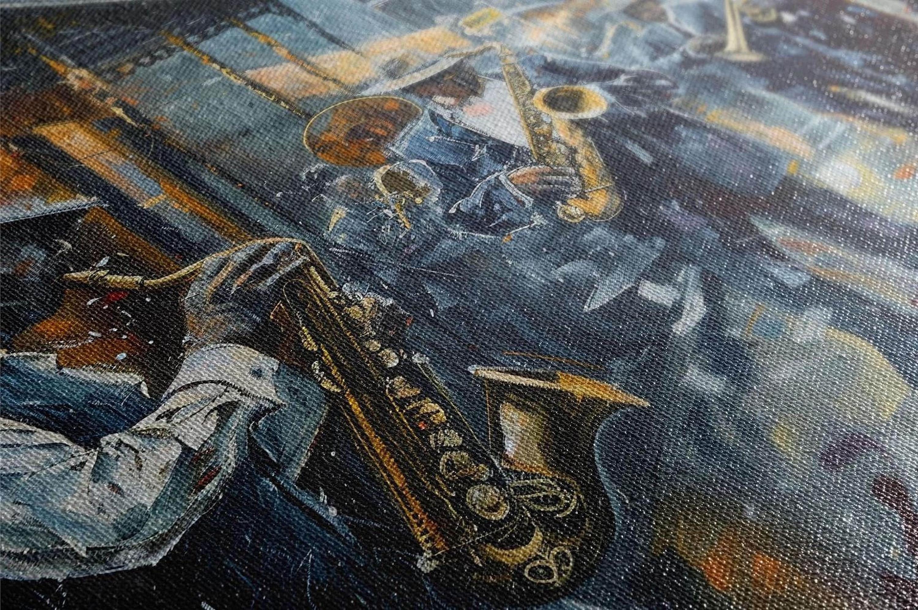 The image is a painting depicting a group of musicians playing various instruments, including saxophones, in a lively and energetic performance.