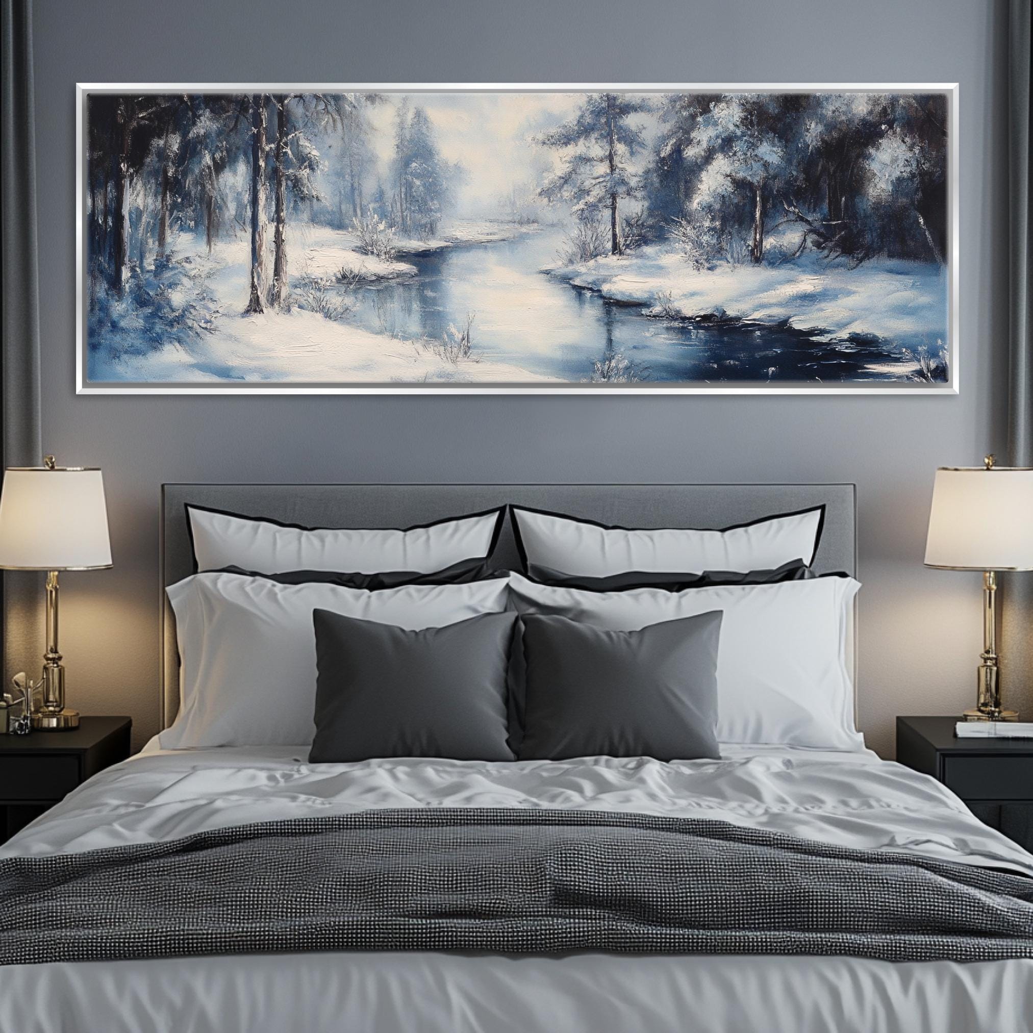 a bedroom with a large painting above the bed