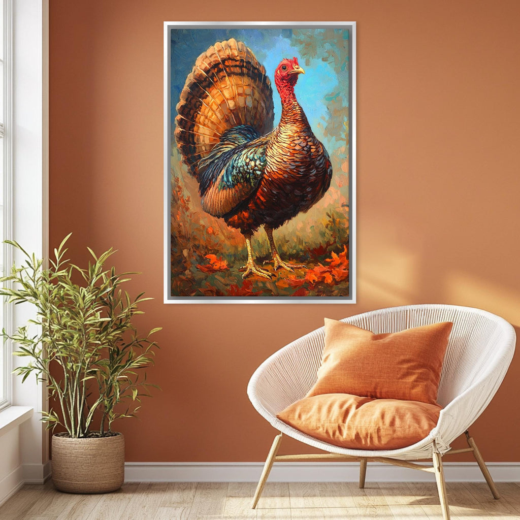 a large, colorful painting of a turkey hanging on a wall in a room with a white wicker chair and a potted plant.