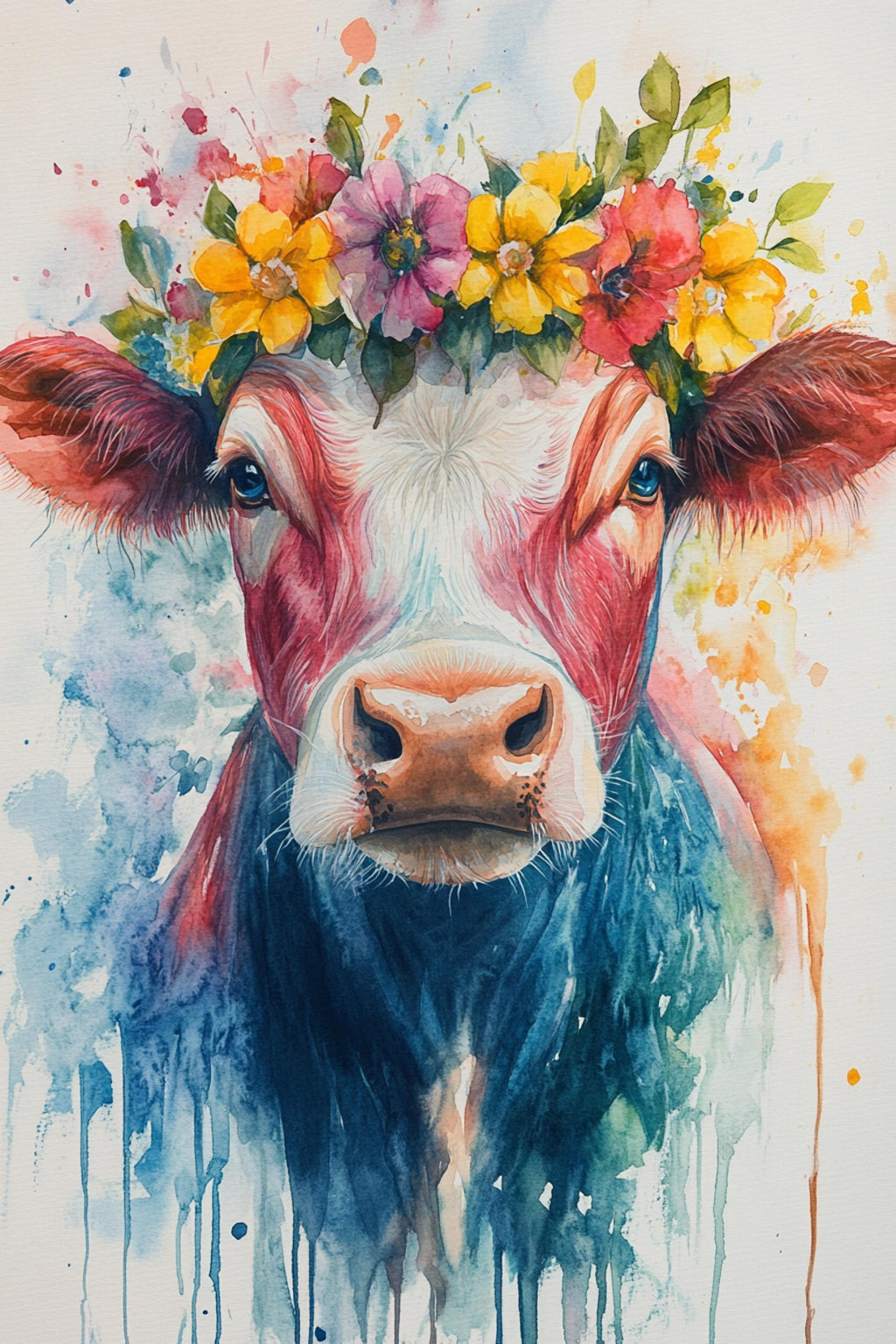 A watercolor painting of a cow with a colorful floral crown on its head.