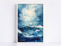 A white paper boat is sailing on a stormy sea, with large waves crashing around it.