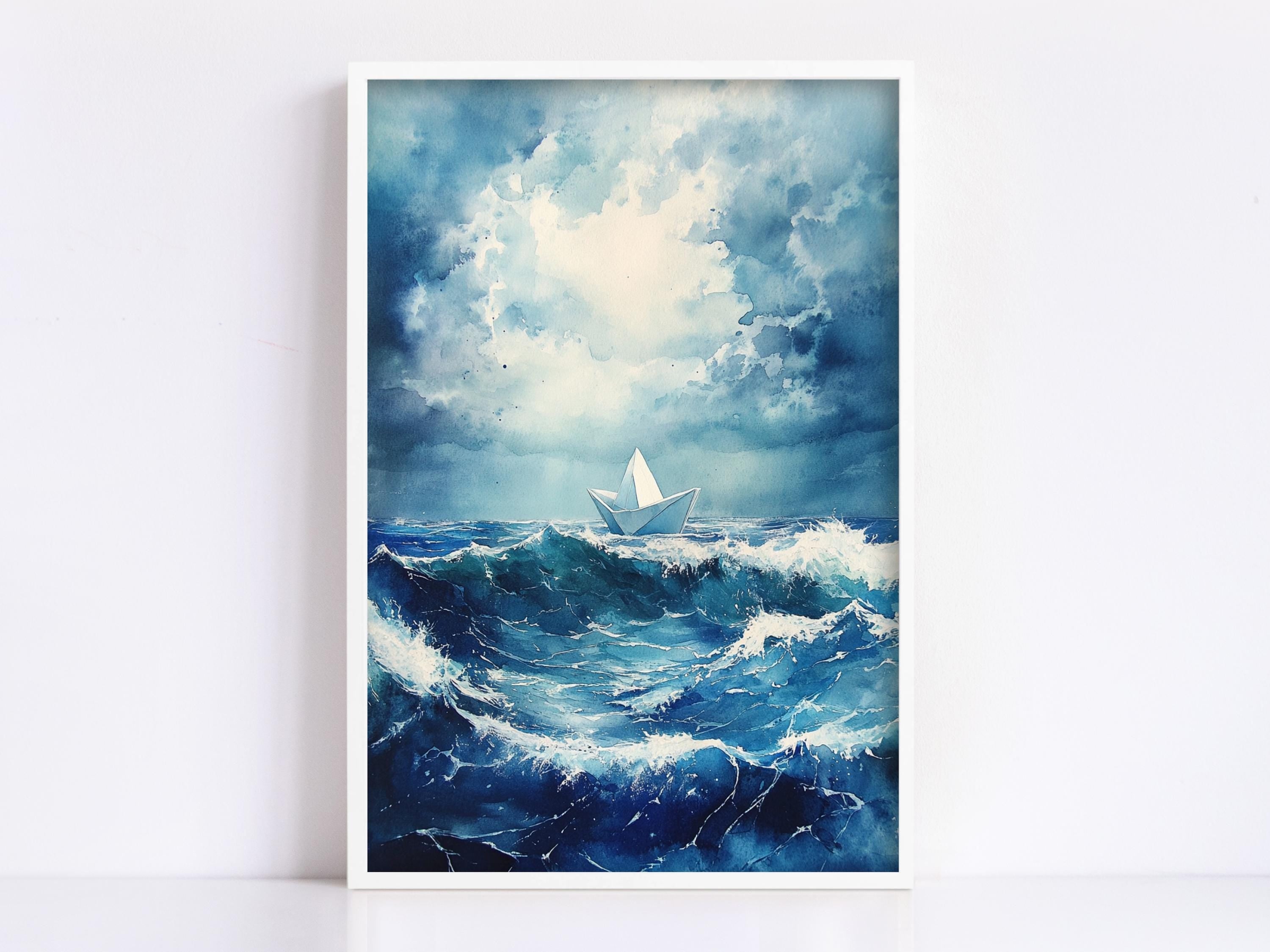 A white paper boat is sailing on a stormy sea, with large waves crashing around it.