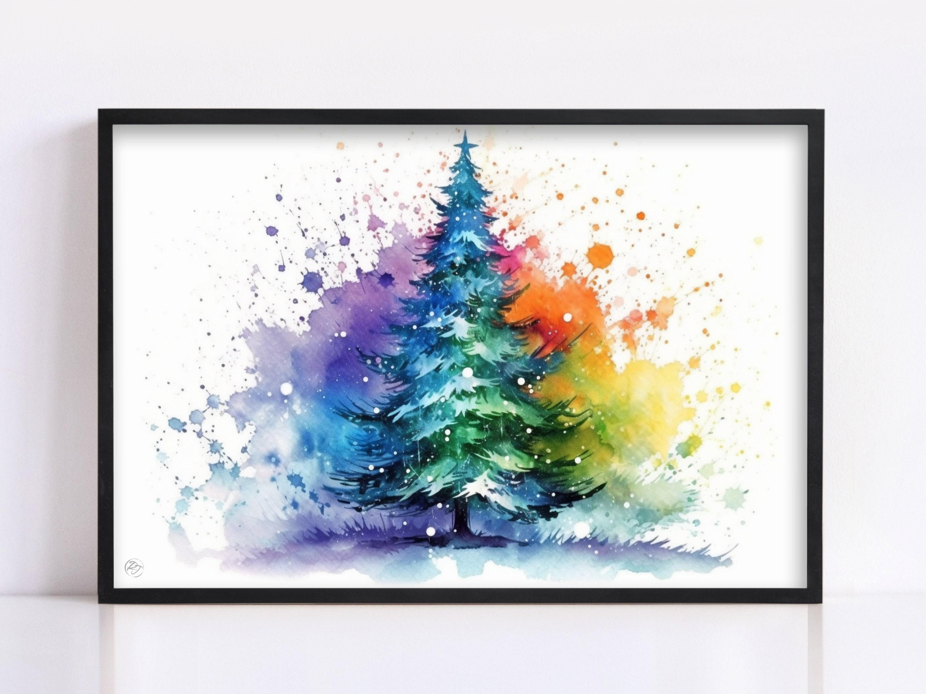 Christmas Tree Colorful Watercolor - Holiday Wall Decor, Print on Canvas, Artist Paper, Watercolor Paper, Available in Extra Large Sizes
